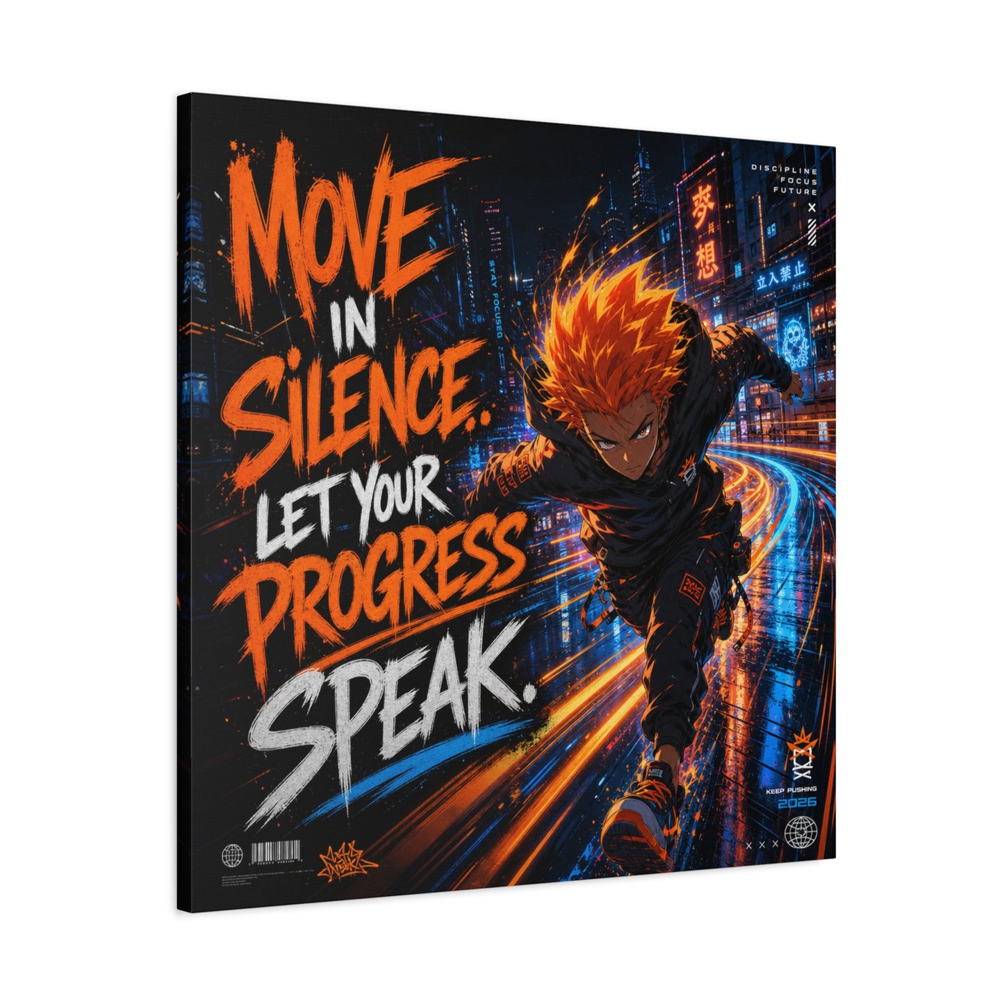 "Move In Silence Let Your Progress Speak" Anime Canvas Wall Art - Cyberpunk Runner Motivational Quote Print, Neon City Street Illustration - Teen Bedroom Decor, Home Office Accent - Office Wall Art