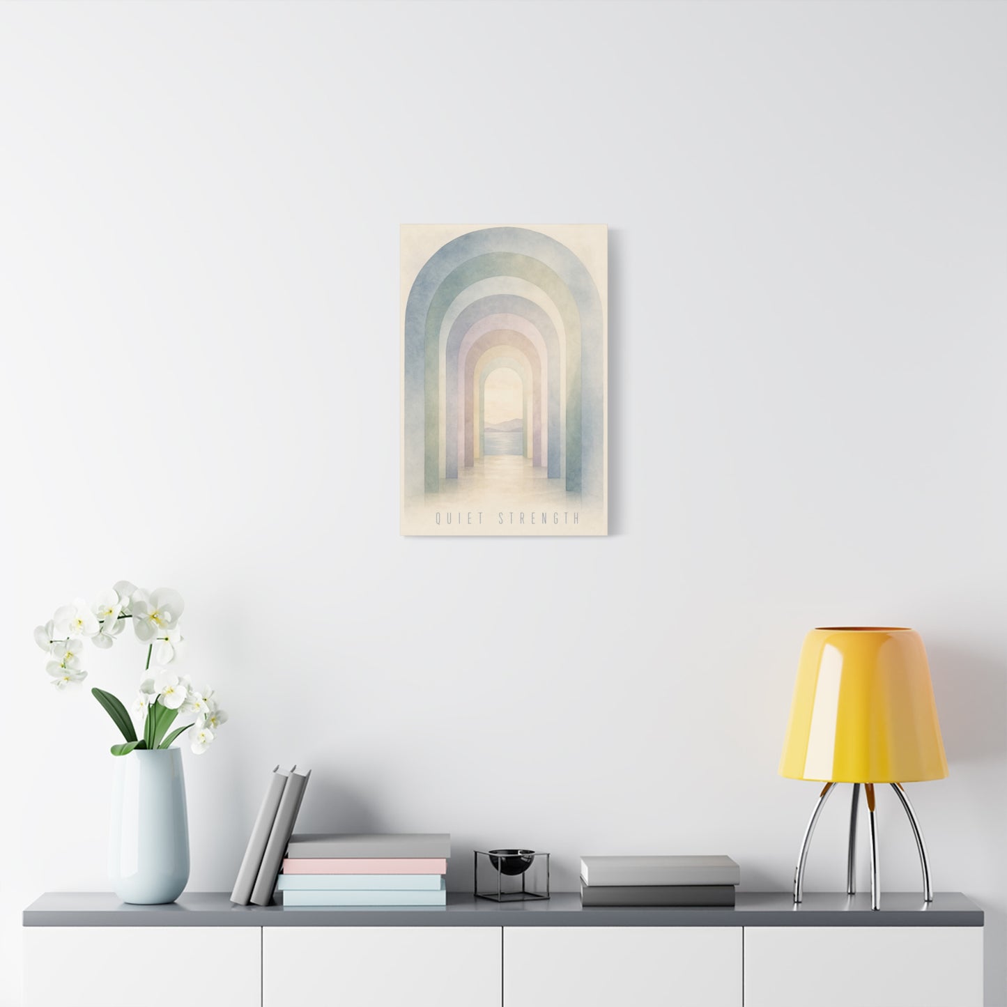 "Quiet Strength" Rainbow Arch Canvas Wall Art - Pastel Abstract Landscape Print, Minimalist Boho Home Decor - Serene Bedroom Wall Hanging, Nursery Room Decoration, Meditation Space - Ready to Hang