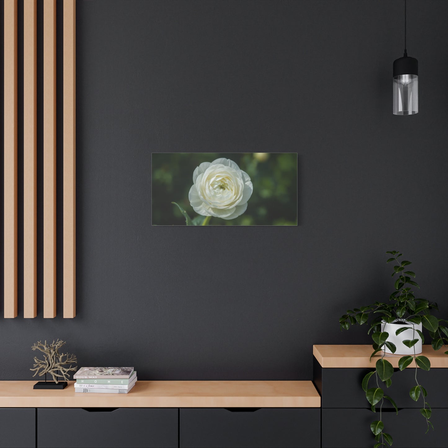 White Ranunculus Flower Canvas Wall Art - Botanical Floral Art Print - Soft Green Background, Matte Cotton Decor - Bedroom Wall Hanging, Bathroom Accent, Spa Style - Bedroom Home Decoration
