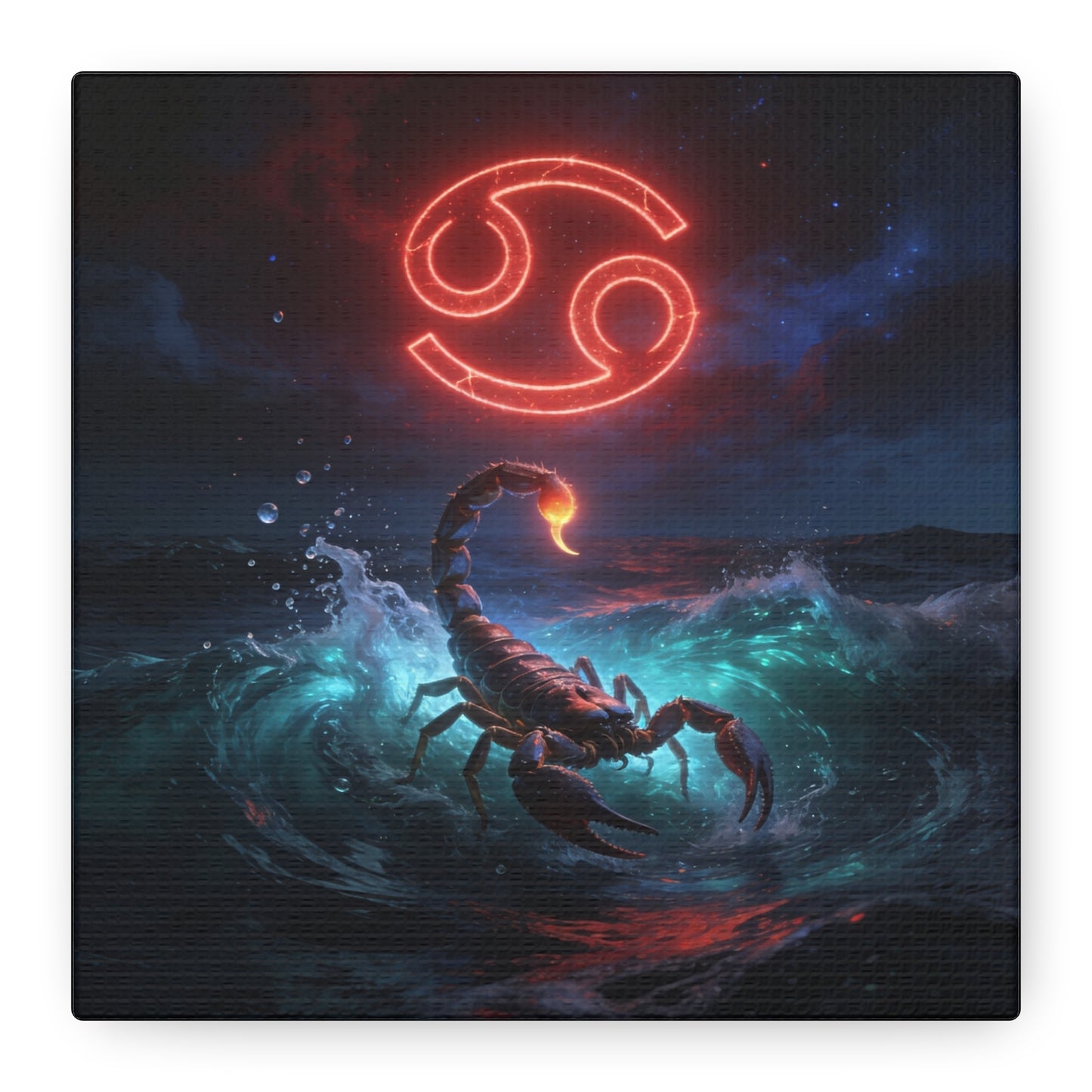 Cancer Zodiac Canvas Wall Art - Neon Crab Ocean Astrology Print, Celestial Night Seascape, Matte Canvas Decor, Bedroom Home Decoration, Living Room Wall Decor, Modern Space Style - Ready to Hang