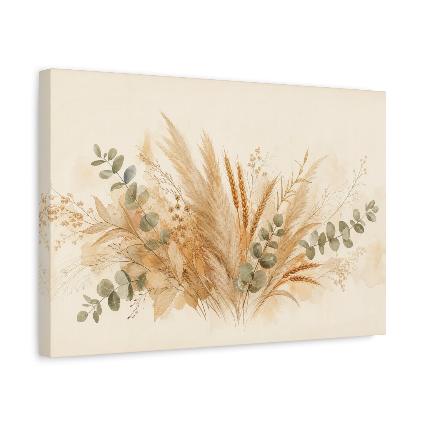 Neutral Botanical Canvas Wall Art - Pampas Grass, Wheat Stems, Eucalyptus Print - Soft Beige Sage Floral Composition - Modern Farmhouse Style - Living Room Wall Decor, Bedroom Home Decoration