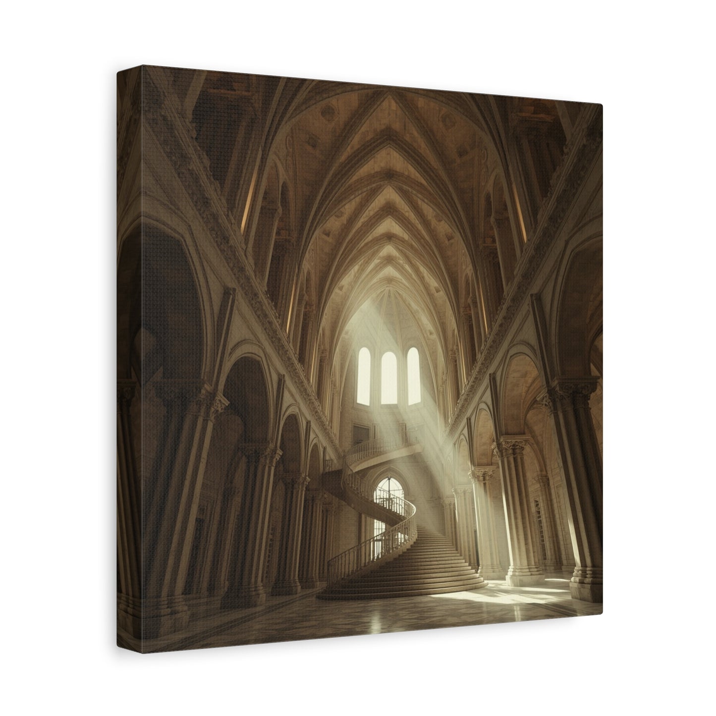 Gothic Cathedral Interior Canvas Wall Art - Sunlit Spiral Staircase, Religious Architecture Print - Matte Cotton Canvas - Traditional Style - Living Room Wall Decor, Office Art - Ready to Hang