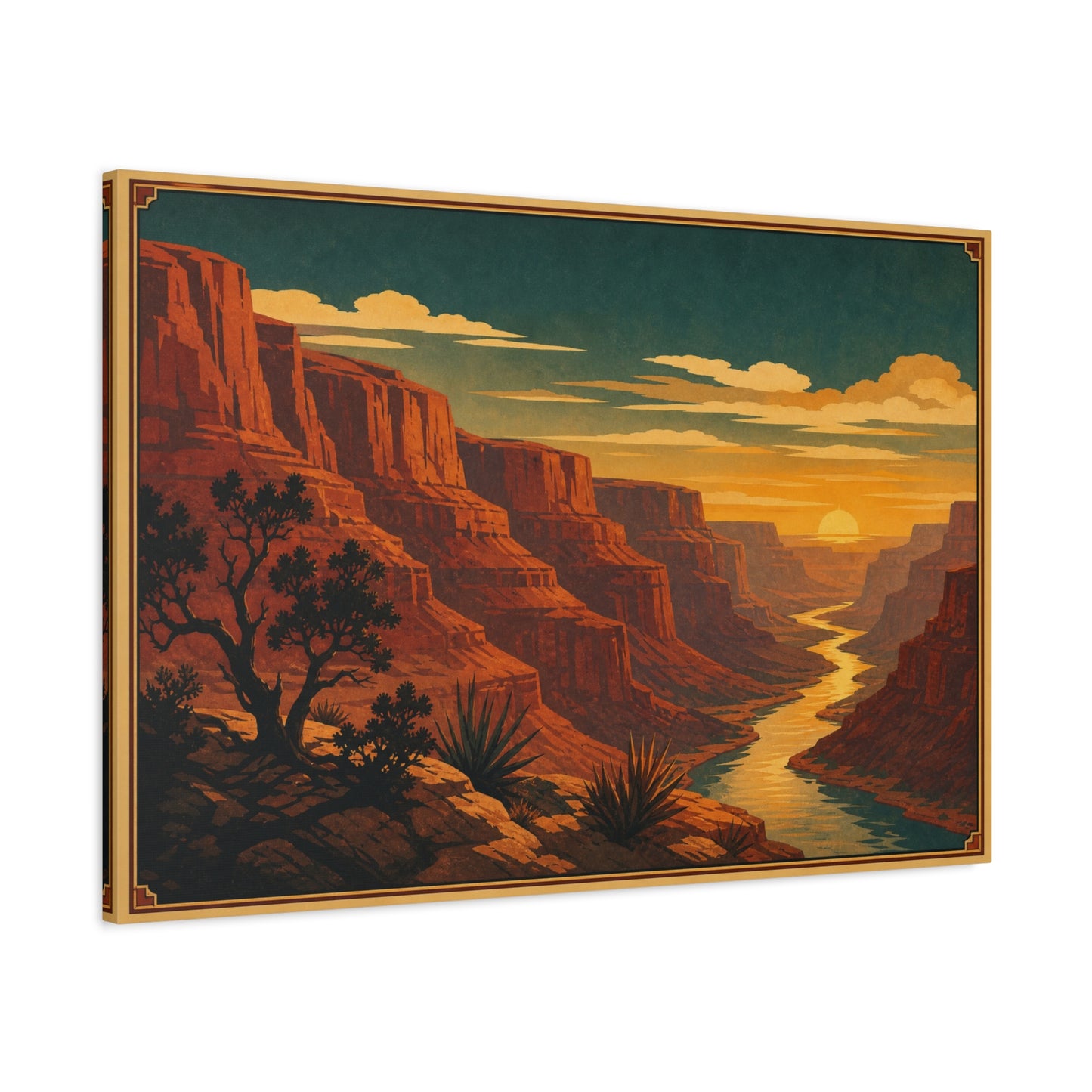 Desert Canyon Sunset Canvas Wall Art - Southwestern River Landscape Print, Vintage Travel Style - Golden Sky, Rustic Home Decor, Living Room Decoration - Ready to Hang - Living Room Wall Decor