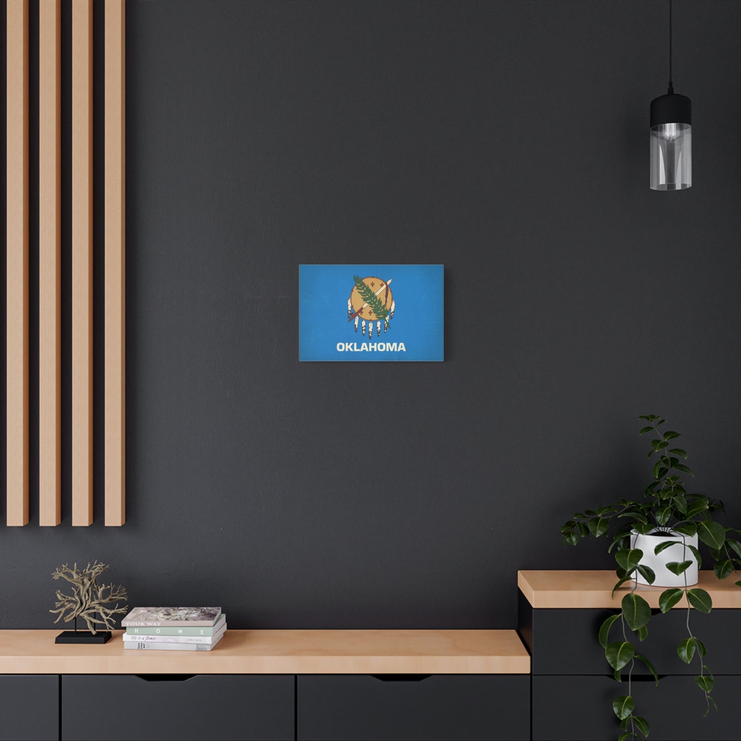 "OKLAHOMA" State Flag Canvas Wall Art - Vintage Blue Shield, Olive Branch And Peace Pipe Print - Rustic Americana Style - Living Room Decor, Office Wall Accent - Ready to Hang - Modern Farmhouse Style