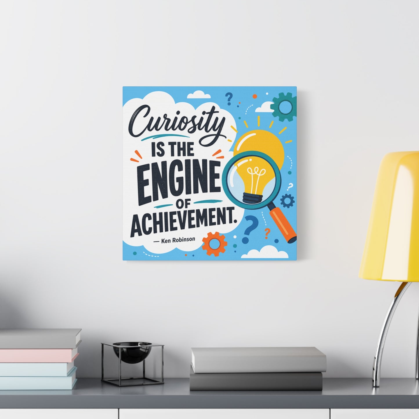 "Curiosity Is The Engine Of Achievement." Quote Canvas Wall Art - Classroom Inspirational Decor, Light Bulb Learning Poster, Teacher Office Wall Hanging, Kids Study Room Decoration - Ready to Hang