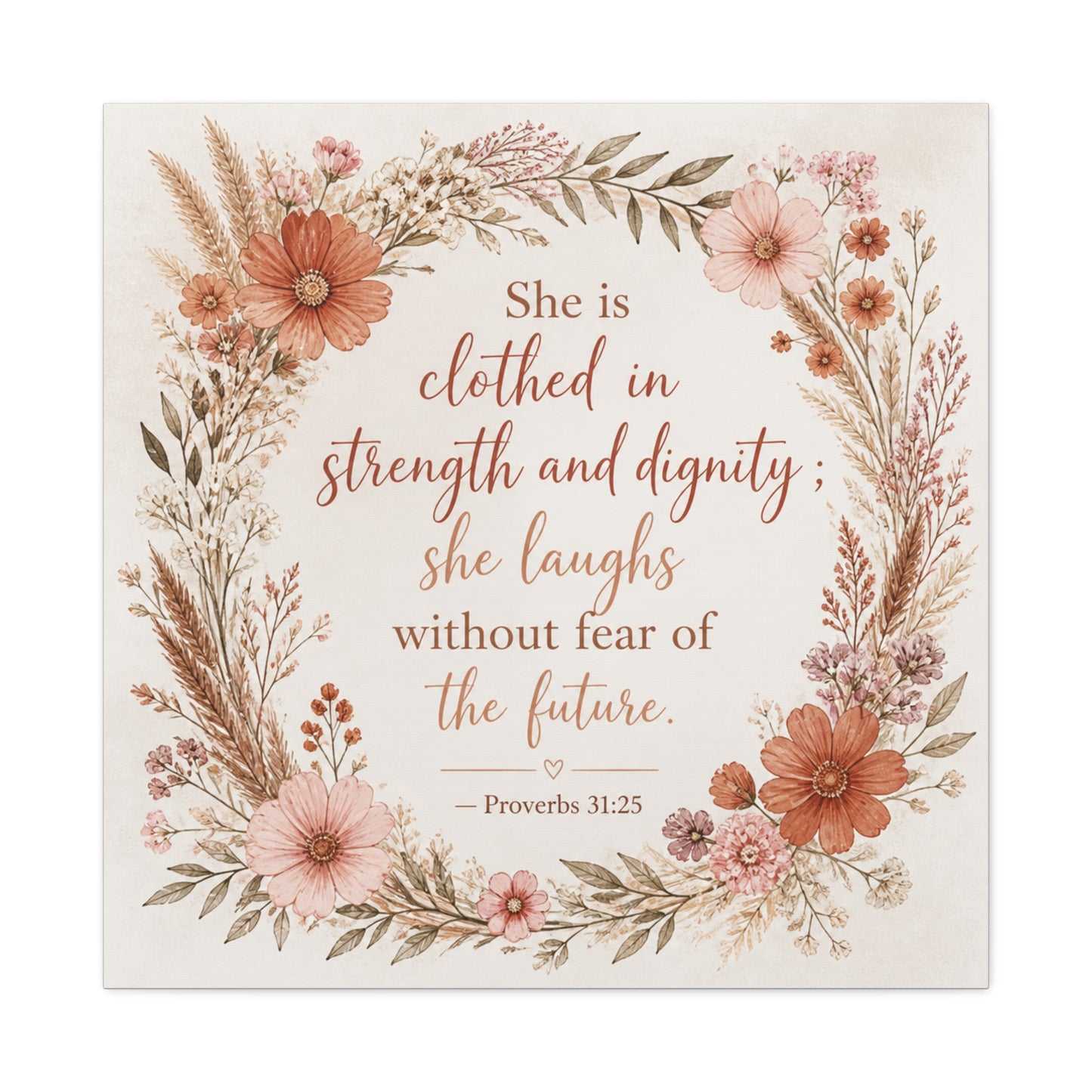 "She Is Clothed In Strength And Dignity" Floral Canvas Wall Art - Proverbs 31:25 Scripture Quote, Blush Wildflower Wreath, Farmhouse Style, Bedroom Wall Decor - Bedroom Home Decoration - Ready to Hang