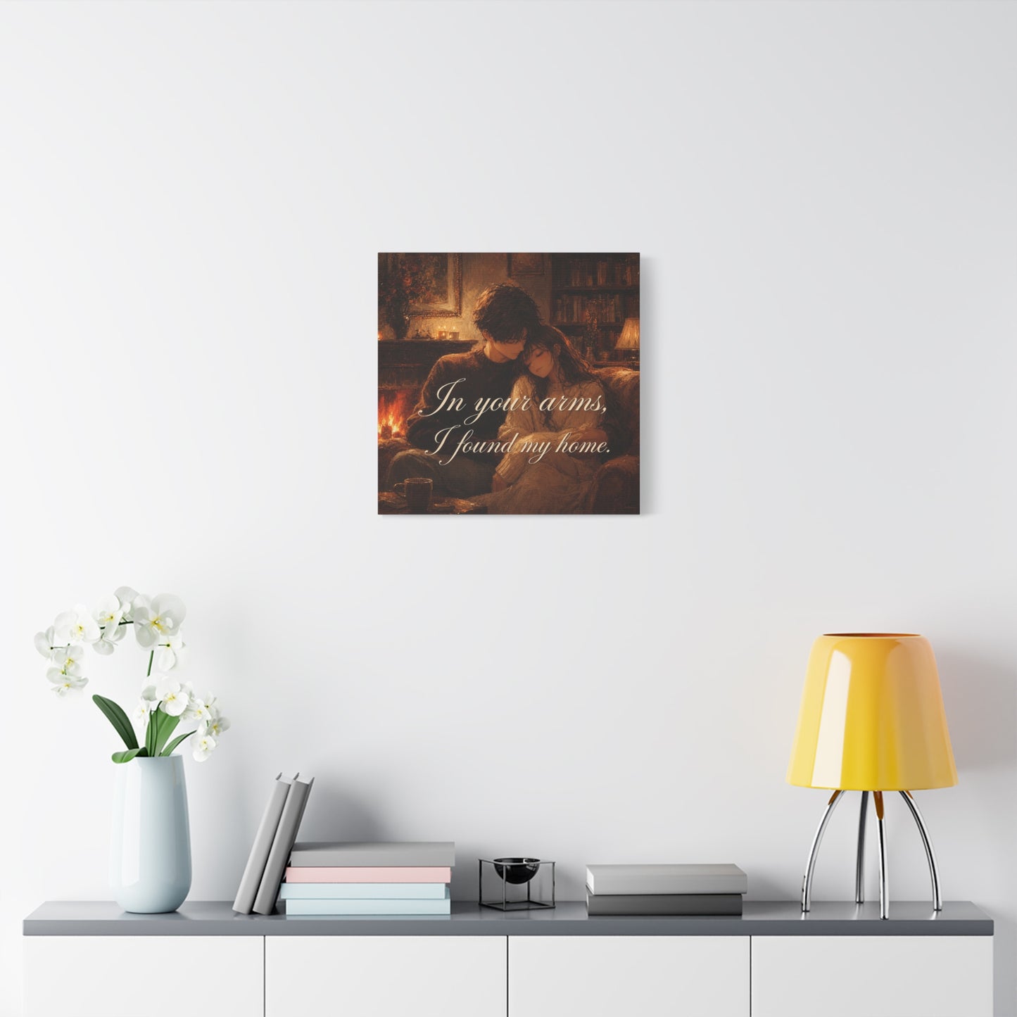"In Your Arms, I Found My Home" Romantic Couple Canvas Wall Art - Cozy Fireplace Library Scene, Warm Vintage Style - Bedroom Home Decoration, Living Room Accent - Ready to Hang - Office Wall Art