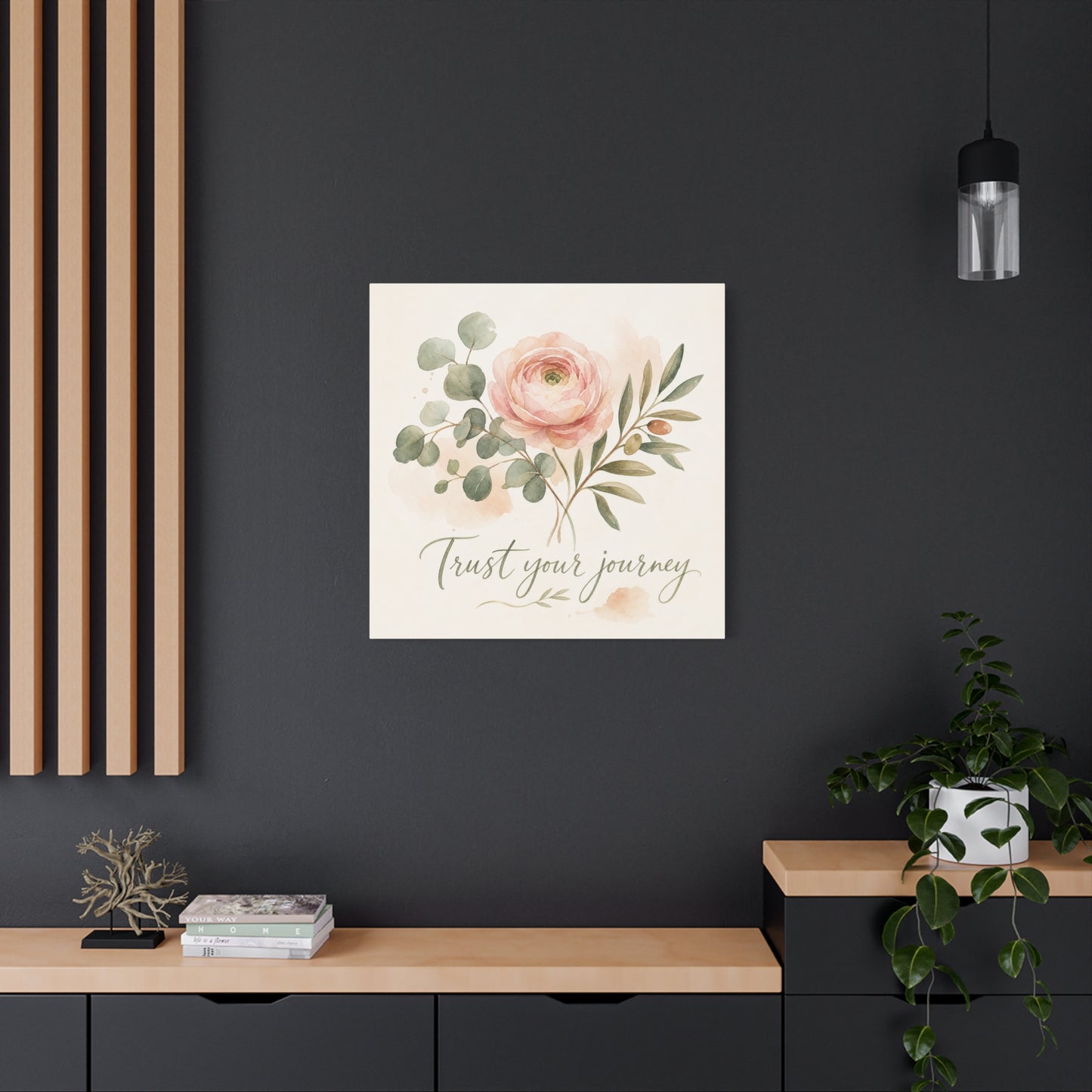 "Trust Your Journey" Floral Canvas Wall Art - Blush Rose, Eucalyptus Botanical Watercolor - Inspirational Home Decor - Bedroom Wall Hanging, Modern Farmhouse Style, Office Accent - Ready to Hang