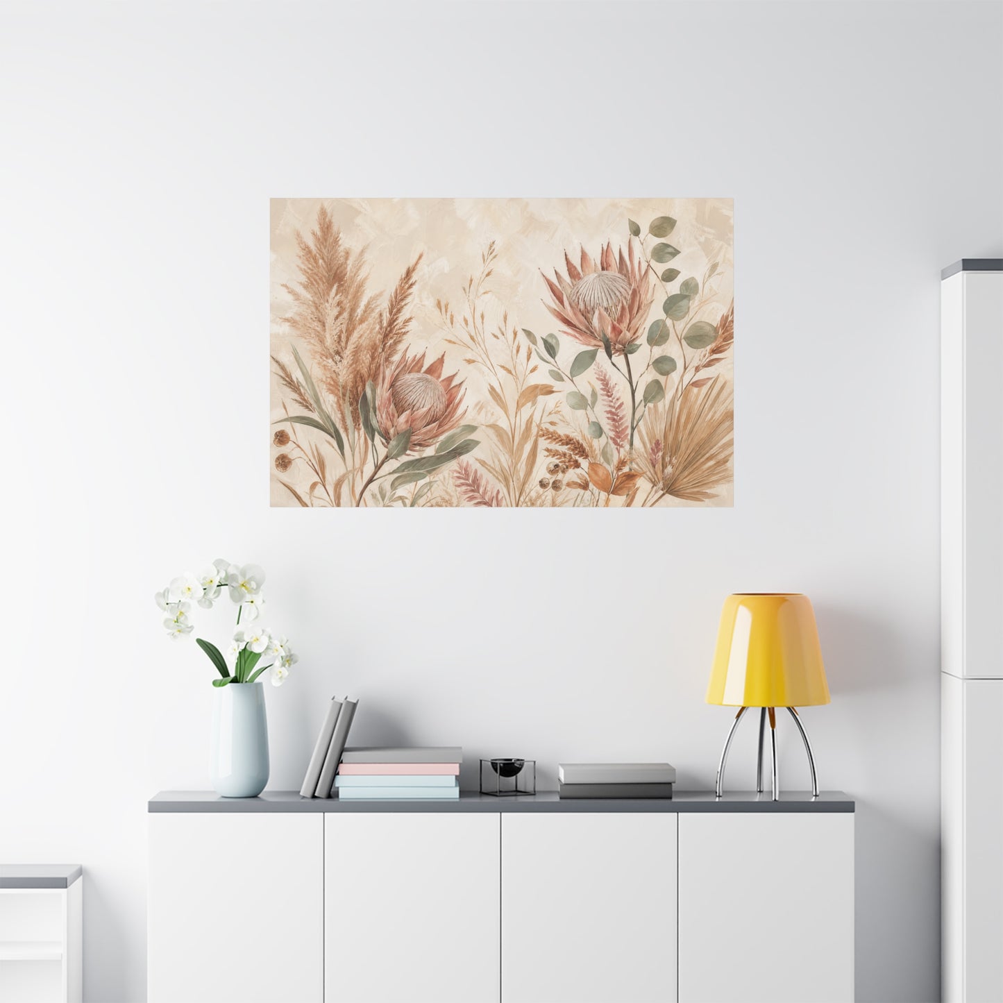 Protea Botanical Canvas Wall Art - Pampas Grass, Eucalyptus Floral Print - Neutral Boho Farmhouse Decor - Beige Sage Nature Painting - Ready to Hang
