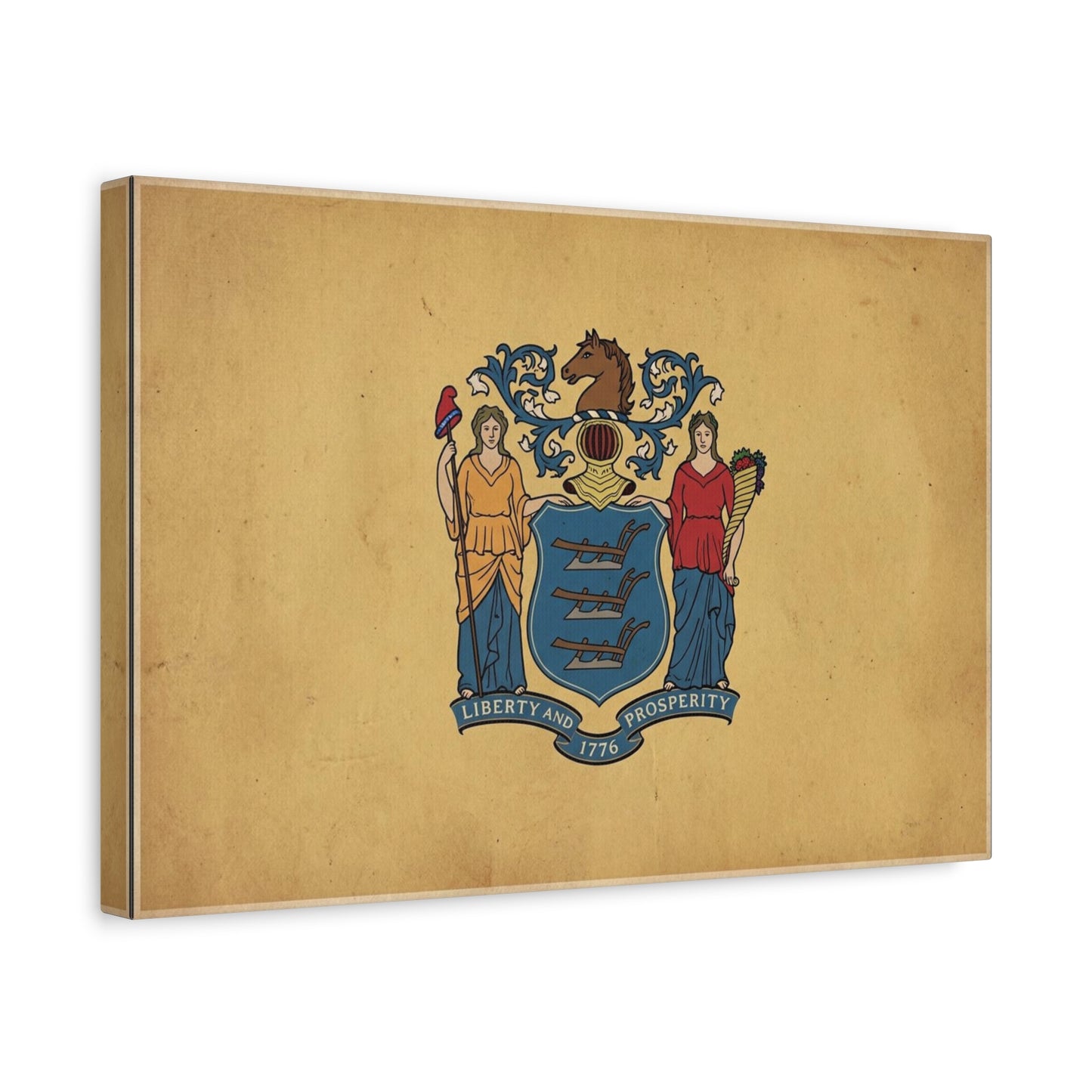 "Liberty And Prosperity 1776" New Jersey State Flag Canvas Wall Art - Vintage Tan Crest Banner Print, Patriotic Heritage Decor - Office Wall Art