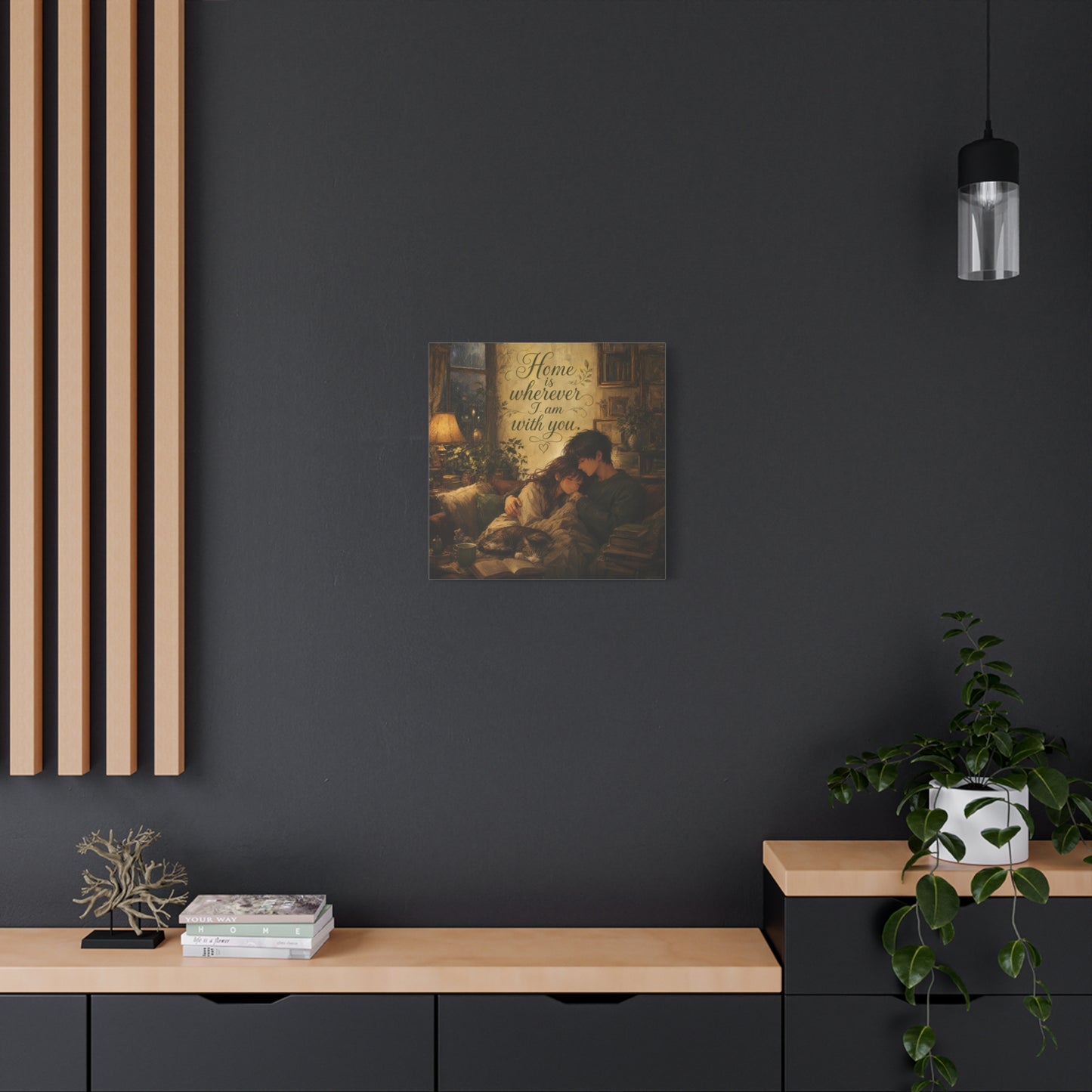 "Home Is Wherever I Am With You." Couple Canvas Wall Art - Romantic Cozy Reading Nook Quote Print - Vintage Warm Lamplight Style - Living Room Wall Decor, Bedroom Home Decoration - Ready to Hang