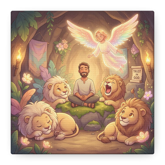 "Trust In God" Christian Canvas Wall Art - Angel, Man With Lions Cave Scene - Pastel Nursery Decor, Matte Cotton Print - Kids Bedroom Wall Decor, Playroom Home Decoration - Ready to Hang