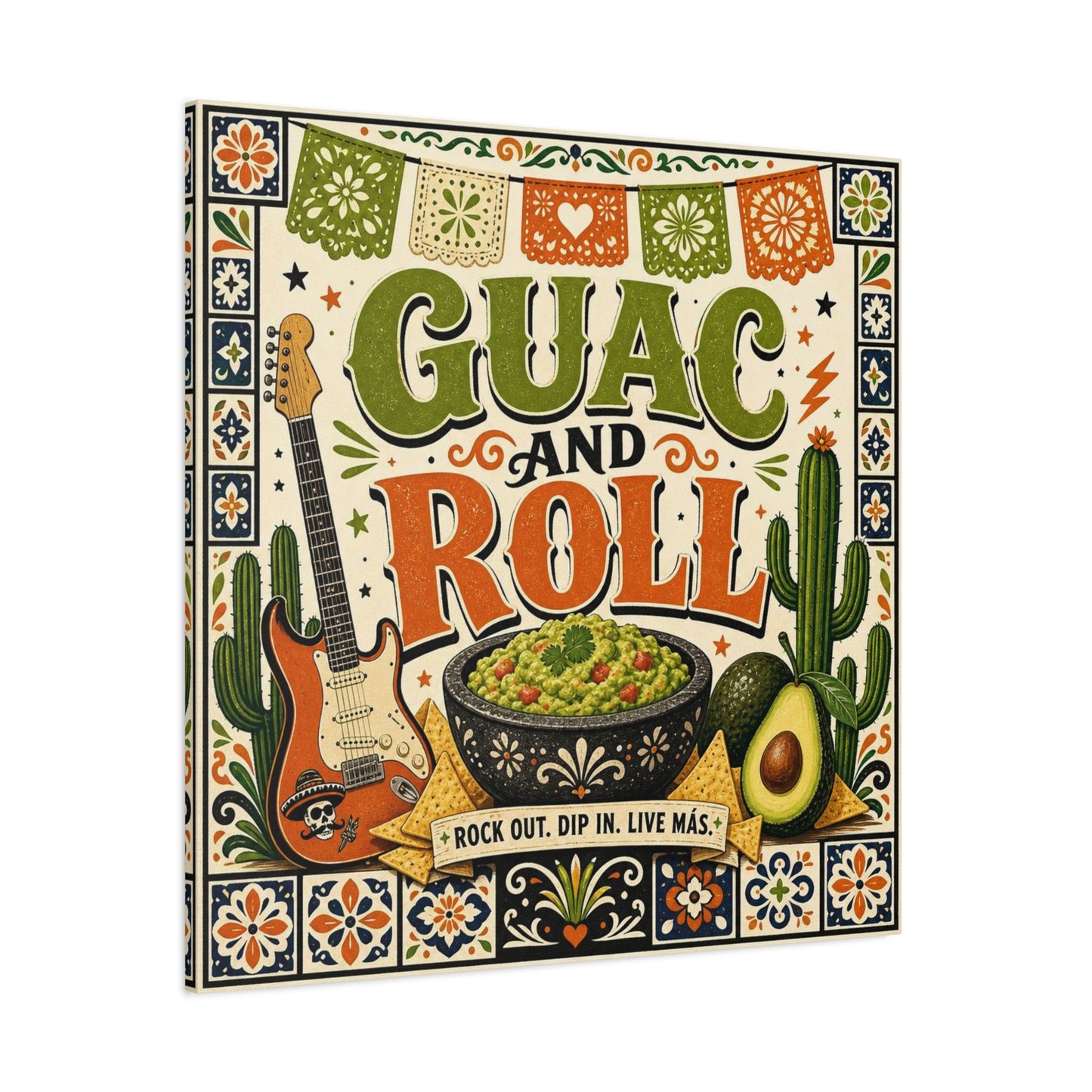 "Guac And Roll" Typography Canvas Wall Art - Fiesta Guitar, Cactus, Avocado Folk Illustration - Bohemian Rustic Style - Kitchen Wall Decor, Dining Room Accent, Cafe Wall Decor - Modern Farmhouse Style