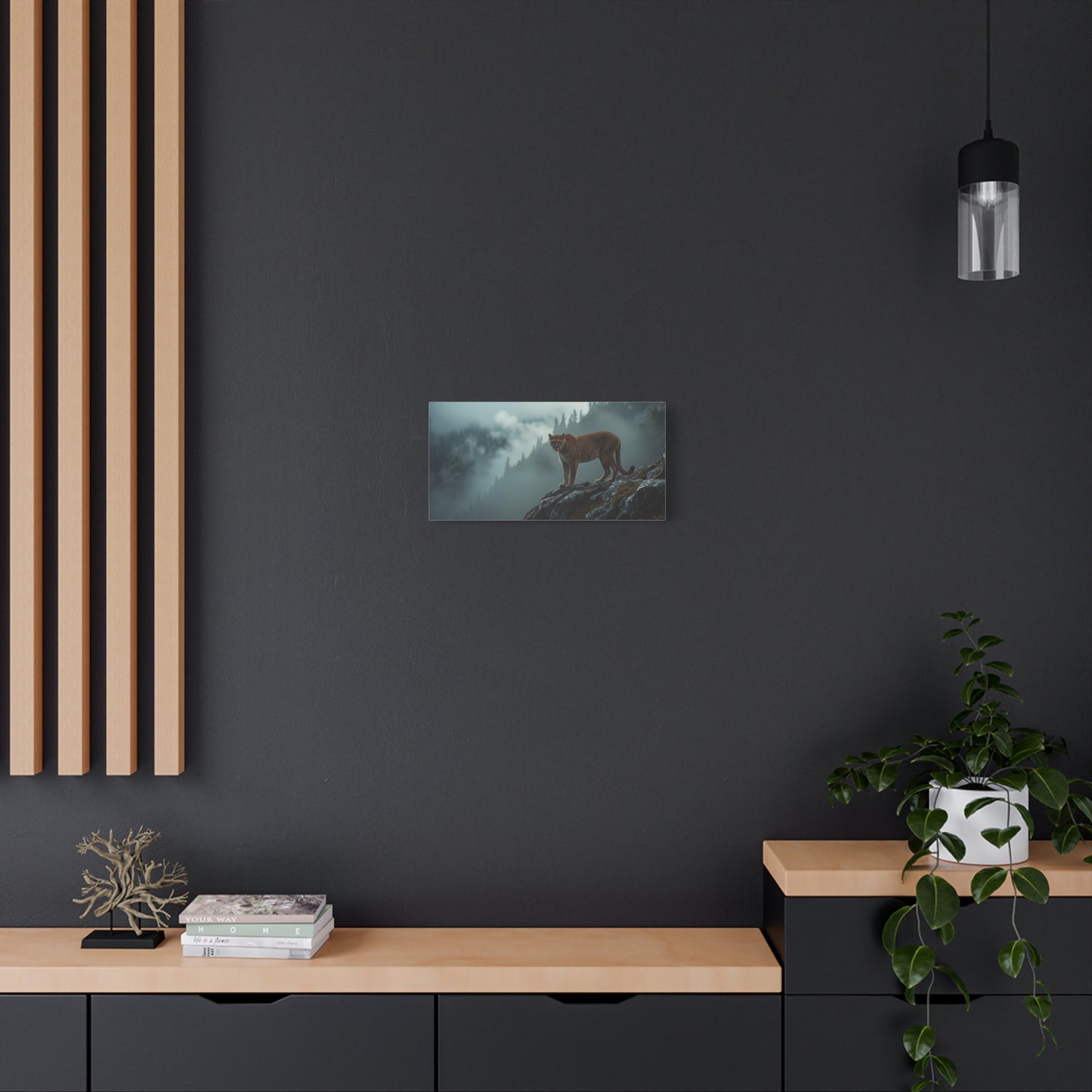 Mountain Lion Canvas Wall Art - Misty Forest Wildlife Landscape, Matte Canvas Print - Moody Contemporary Nature Decor - Living Room Wall Decor, Office Art, Rustic Lodge Accent - Modern Farmhouse Style