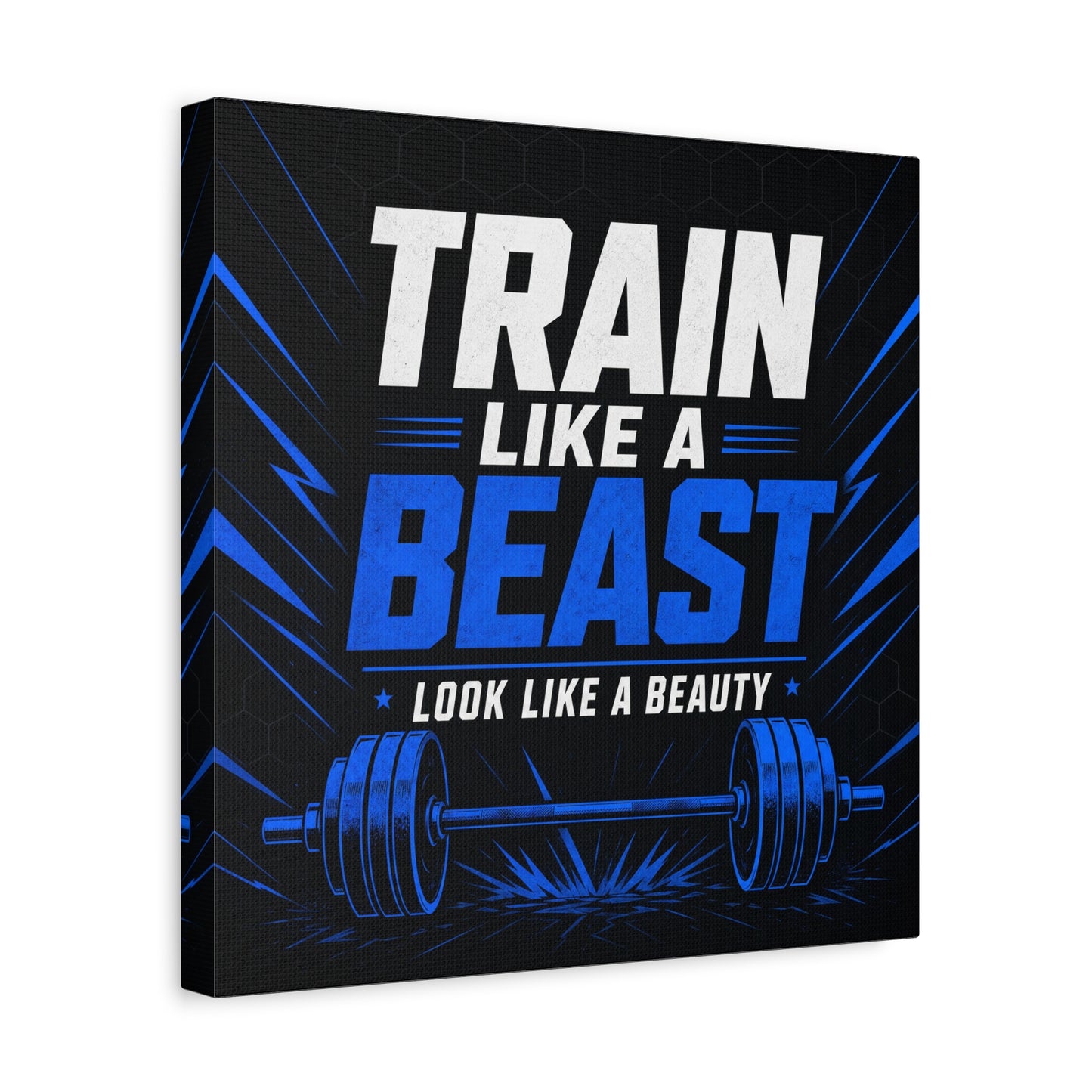 "Train Like A Beast Look Like A Beauty" Gym Canvas Wall Art - Blue Black Barbell Typography Motivational Fitness Decor - Modern Sports Quote Print - Ready to Hang - Living Room Wall Decor