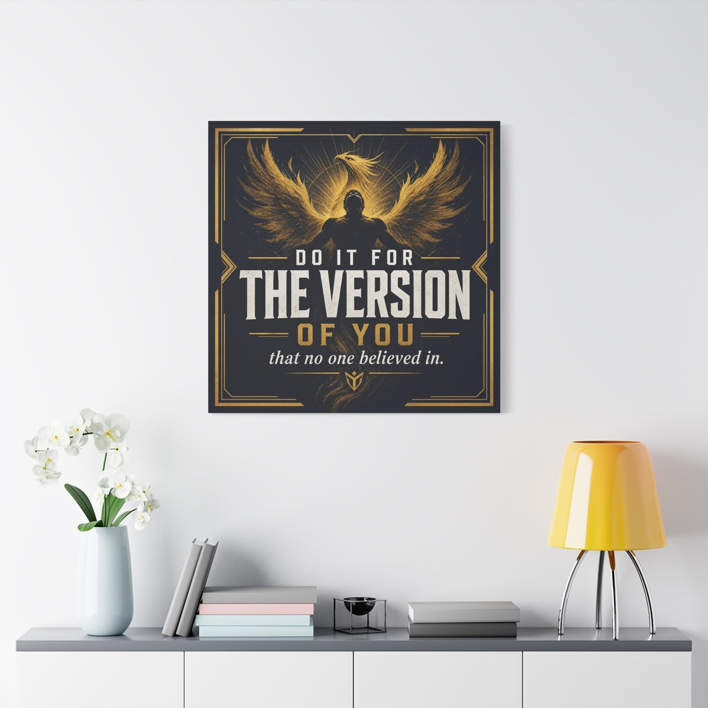 "Do It For The Version Of You That No One Believed In" Inspirational Canvas Wall Art - Phoenix Wings Motivational Quote Print - Black Gold Typography Decor For Office Bedroom - Living Room Wall Decor