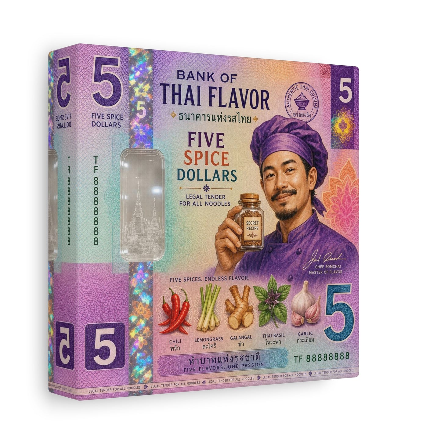 "Bank Of Thai Flavor" Thai Chef Canvas Wall Art - Five Spice Dollars Food Illustration, Colorful Typography Print, Eclectic Kitchen Decor, Cafe Wall Decor, Restaurant Wall Accent - Ready to Hang