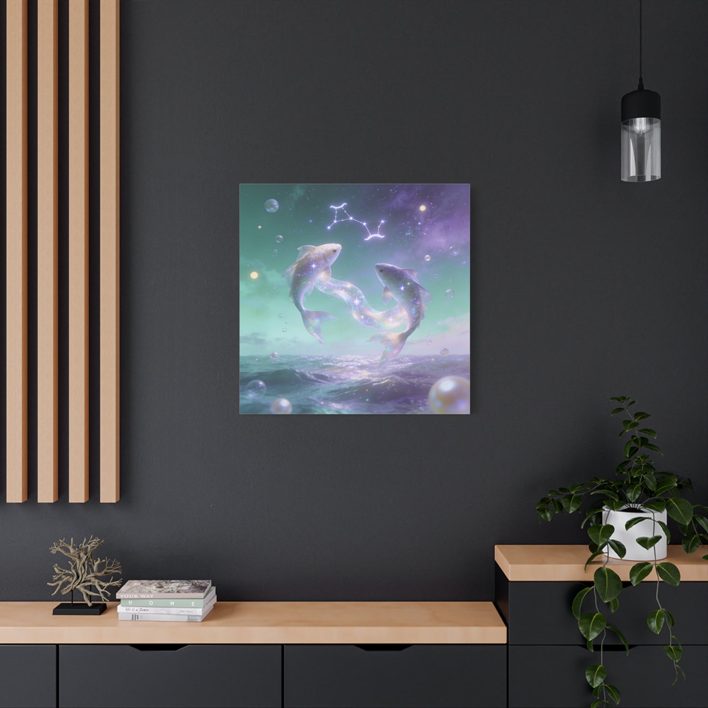 Pisces Fish Canvas Wall Art - Celestial Ocean Zodiac Illustration, Dreamy Aurora Nightscape, Matte Cotton Print, Mystical Bedroom Accent, Meditation Space Piece, Office Interior Style - Ready to Hang