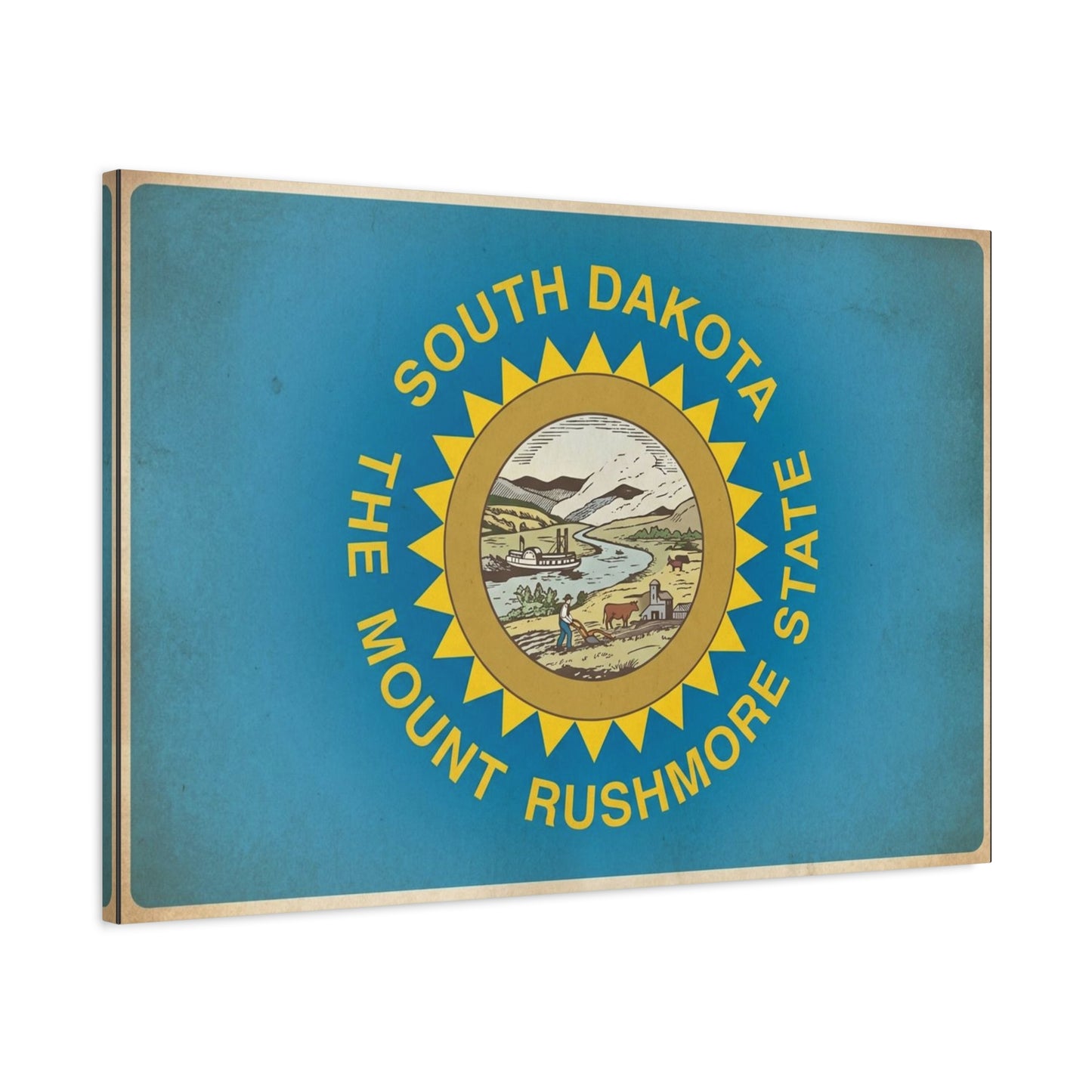 "South Dakota The Mount Rushmore State" Flag Canvas Wall Art - Vintage State Pride Decor, Blue Banner Print, Rustic Americana Style, Living Room Wall Decor, Office Art - Bedroom Home Decoration