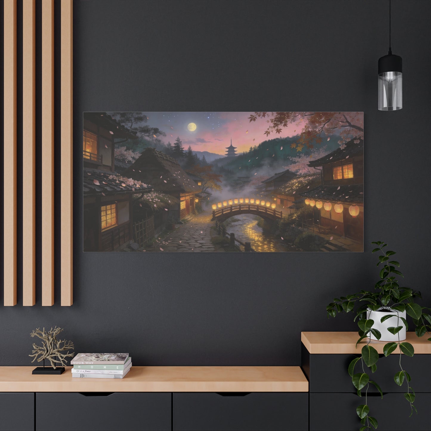 Japanese Village Moonlit Canvas Wall Art - Lantern Bridge, Cherry Blossom Petals, Pagoda Landscape - Matte Cotton Print - Traditional Style, Living Room Wall Decor, Bedroom Decoration - Ready to Hang