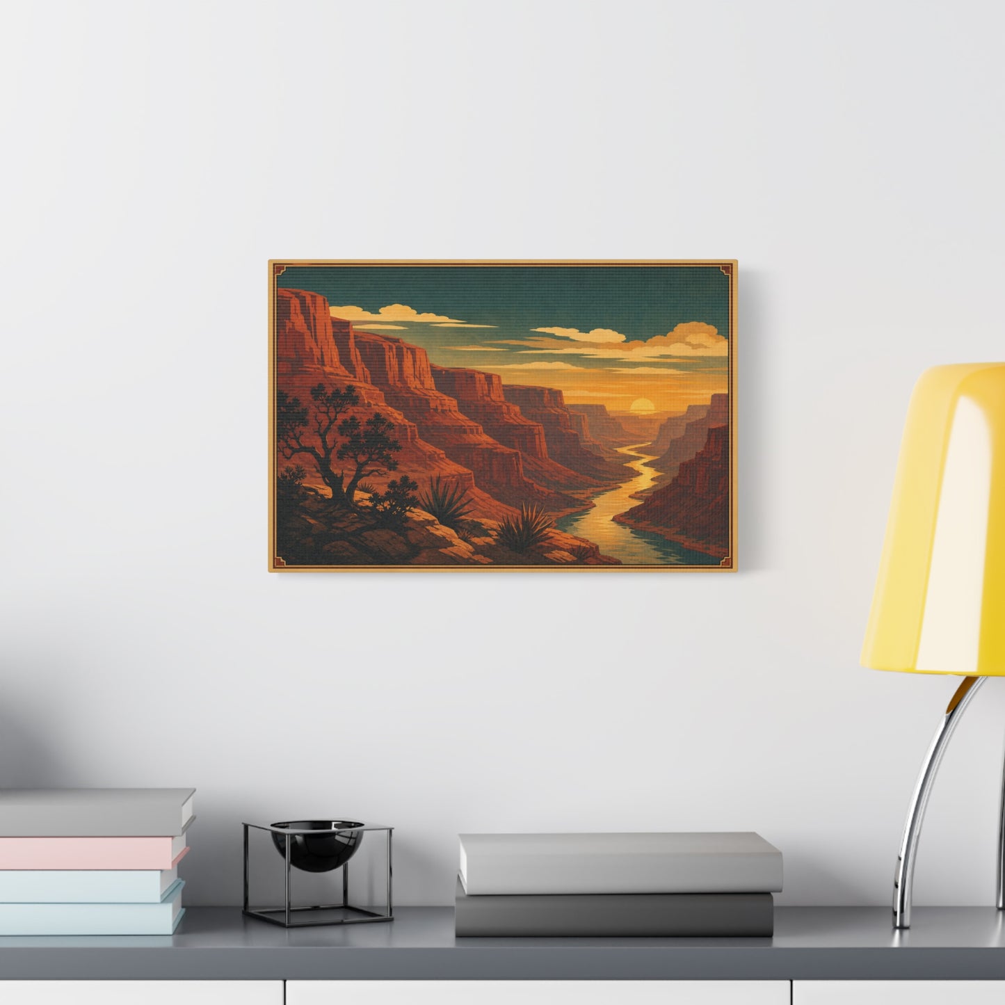 Desert Canyon Sunset Canvas Wall Art - Southwestern River Landscape Print, Vintage Travel Style - Golden Sky, Rustic Home Decor, Living Room Decoration - Ready to Hang - Living Room Wall Decor