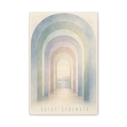 "Quiet Strength" Rainbow Arch Canvas Wall Art - Pastel Abstract Landscape Print, Minimalist Boho Home Decor - Serene Bedroom Wall Hanging, Nursery Room Decoration, Meditation Space - Ready to Hang