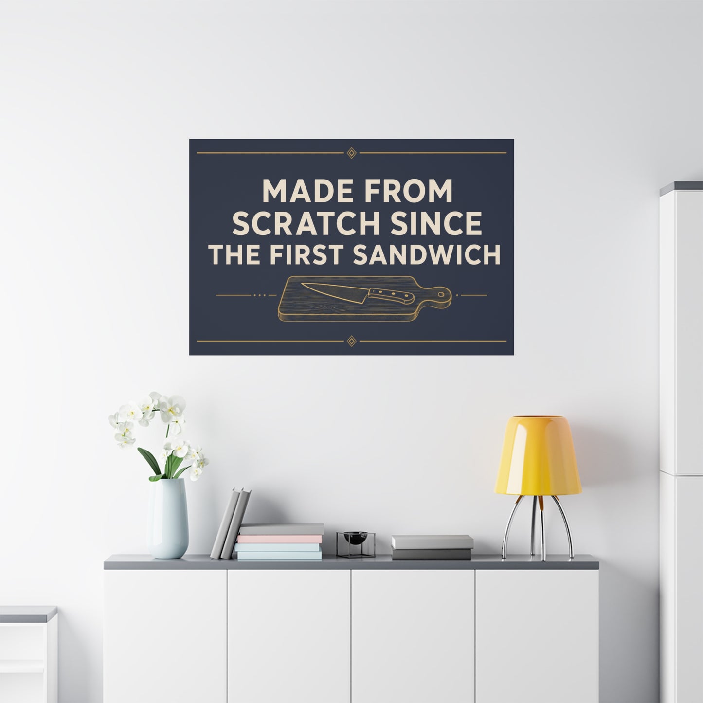 "Made From Scratch Since The First Sandwich" Canvas Wall Art - Quote Print, Navy And Gold Typography, Cutting Board Knife Illustration, Farmhouse Decor - Deli Wall Decor - Sandwich Shop Sign