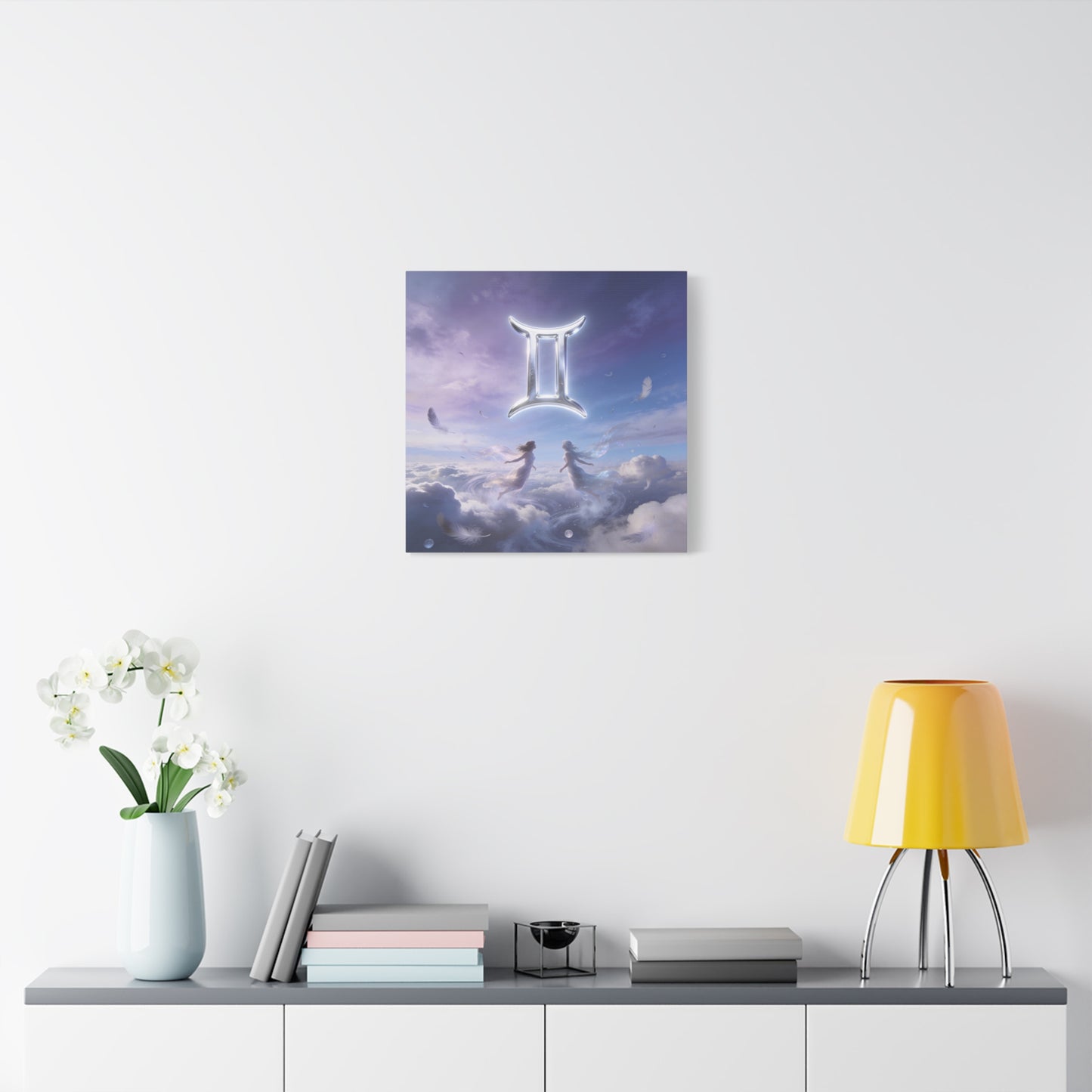 Gemini Zodiac Canvas Art Print - Glowing Twin Symbol, Ethereal Sky Illustration - Dreamy Celestial Typography Style - Cotton Canvas Decor For Bedroom, Living Space, Meditation Room - Office Wall Art