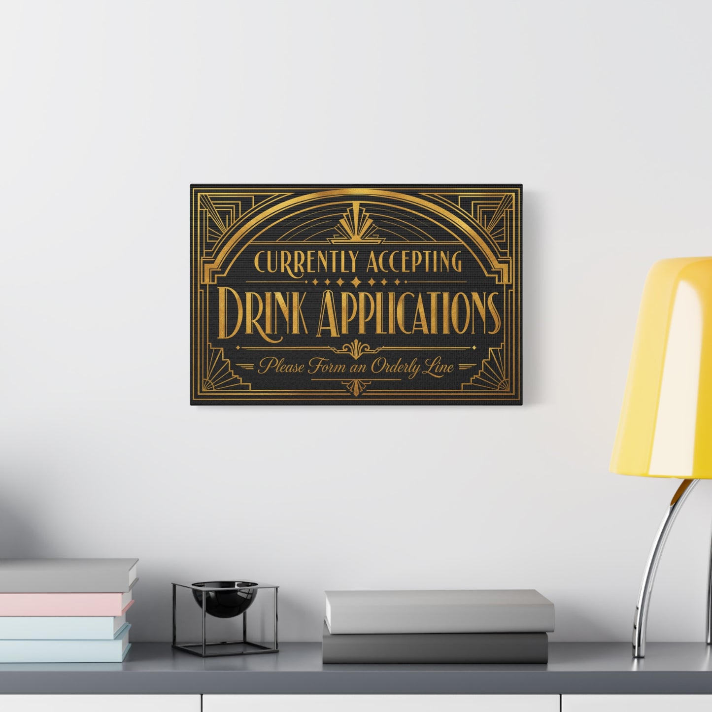 "Currently Accepting Drink Applications" Canvas Wall Art - Art Deco Typography Bar Sign, Black And Gold Humor Decor, Vintage Cocktail Lounge Style, Home Bar Accent - Ready to Hang - Tavern Wall Decor
