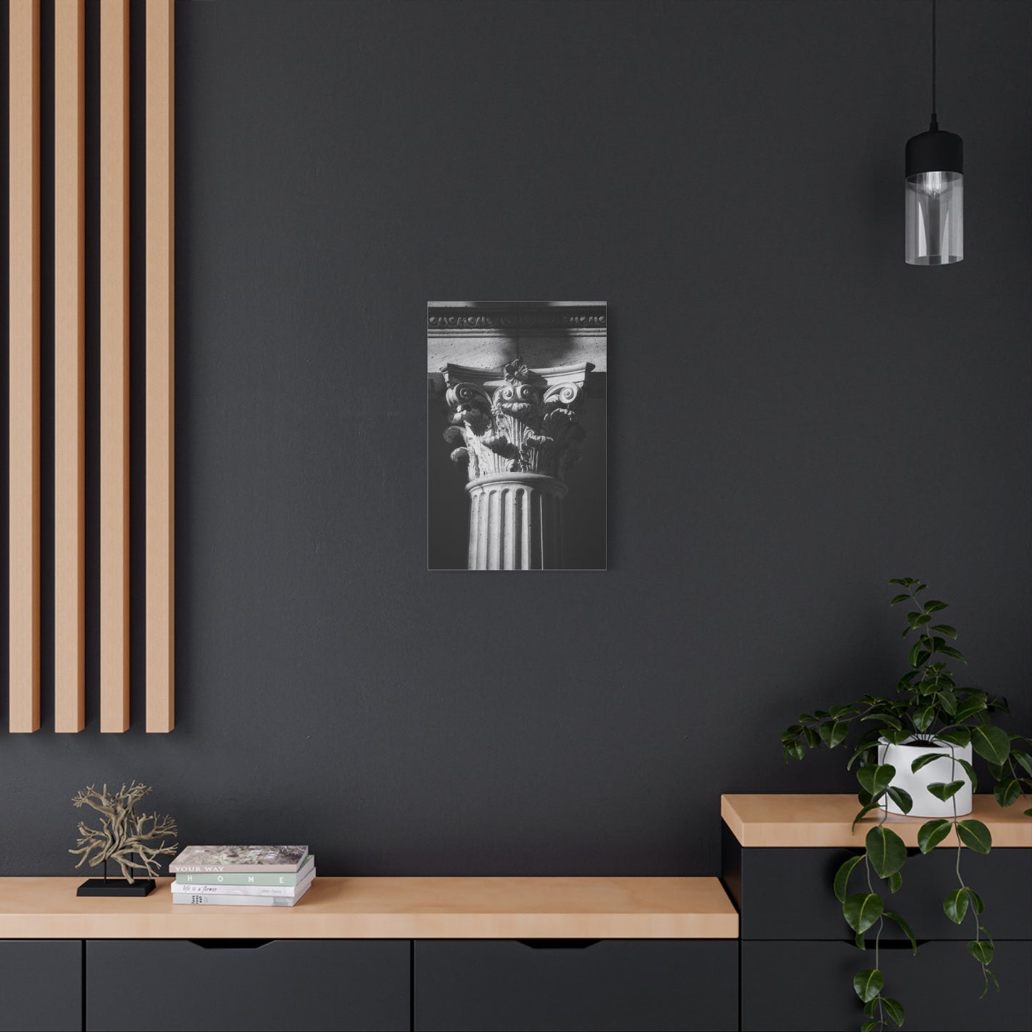 Black And White Corinthian Column Canvas Wall Art - Architectural Art Print, Dramatic Light, Matte Cotton Decor - Modern Minimalist Living Room Wall Decor, Office Art - Bedroom Home Decoration