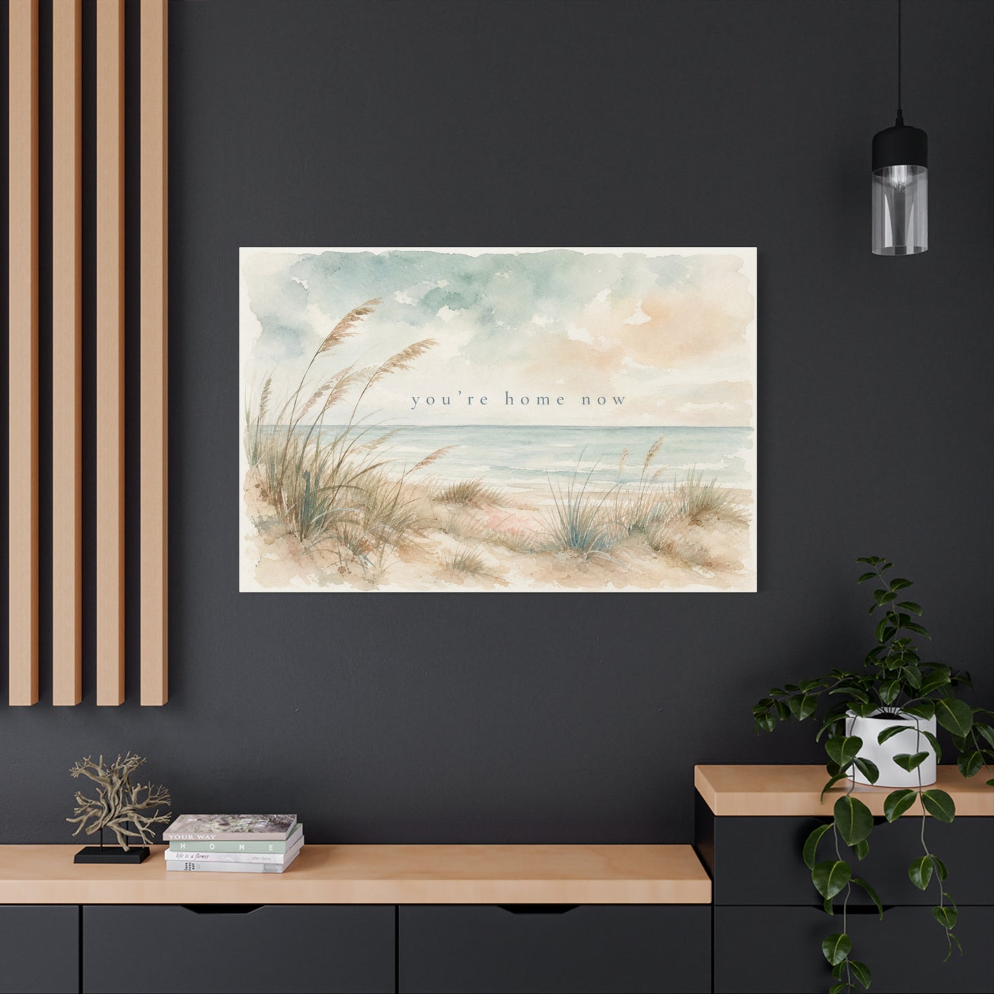 "You'Re Home Now" Coastal Canvas Wall Art - Beach Dune Watercolor Seascape - Soft Blue Beige Shore Scene - Traditional Coastal Style - Living Room Wall Decor, Bedroom Home Decoration - Ready to Hang