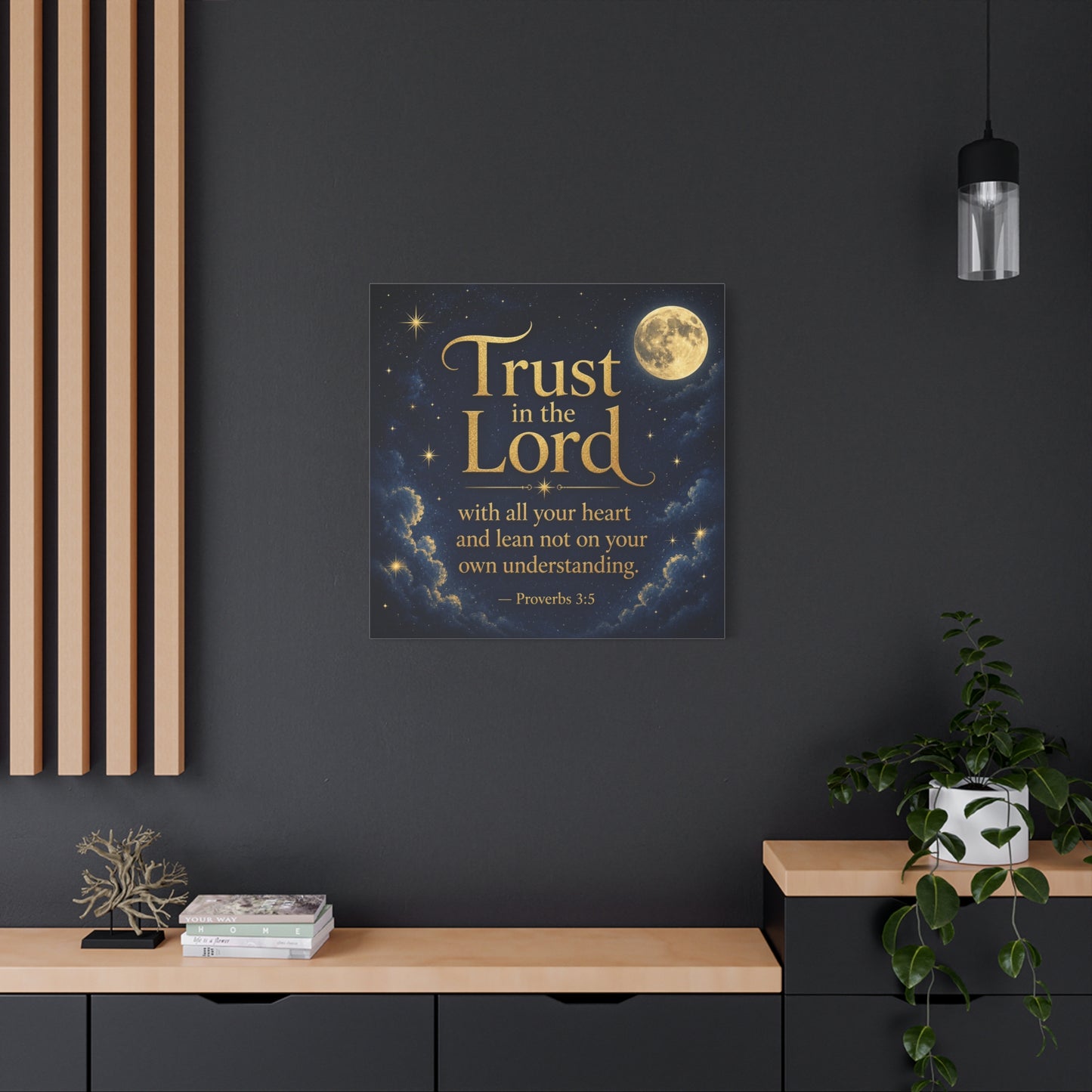 "Trust In The Lord" Bible Verse Canvas Wall Art - Moonlit Scripture Quote, Gold Typography, Christian Wall Decor - Traditional Night Sky Design - Bedroom Living Room Decoration - Ready to Hang