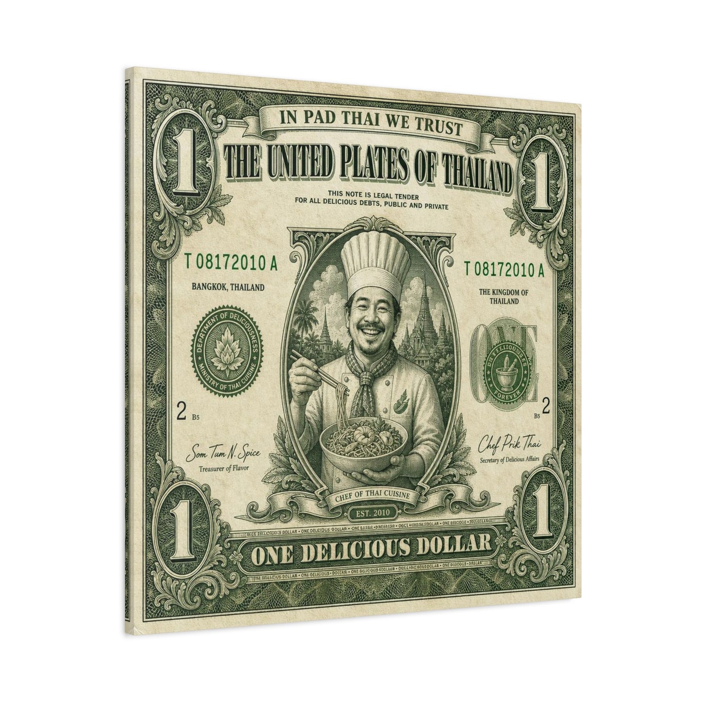 "In Pad Thai We Trust" Typography Canvas Wall Art - Vintage Thai Currency Illustration, Chef Portrait, Bangkok Thailand Food Poster Style - Kitchen Wall Decor, Dining Room Accent - Ready to Hang