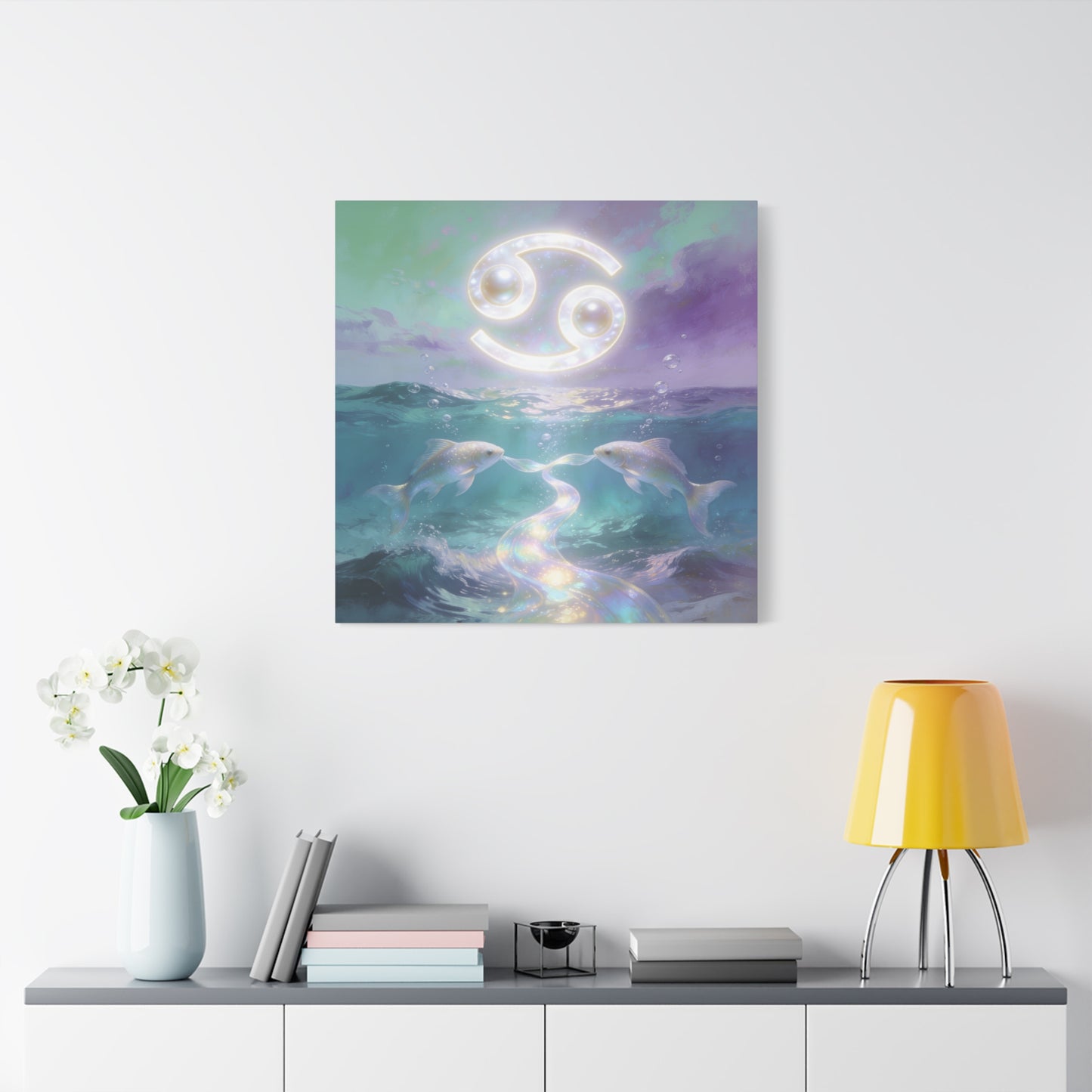 Cancer Zodiac Canvas Wall Art - Two Pearl Fish Ocean Illustration, Celestial Astrology Decor - Iridescent Matte Canvas Print - Mystical Coastal Style For Bedroom Living Room - Living Room Wall Decor