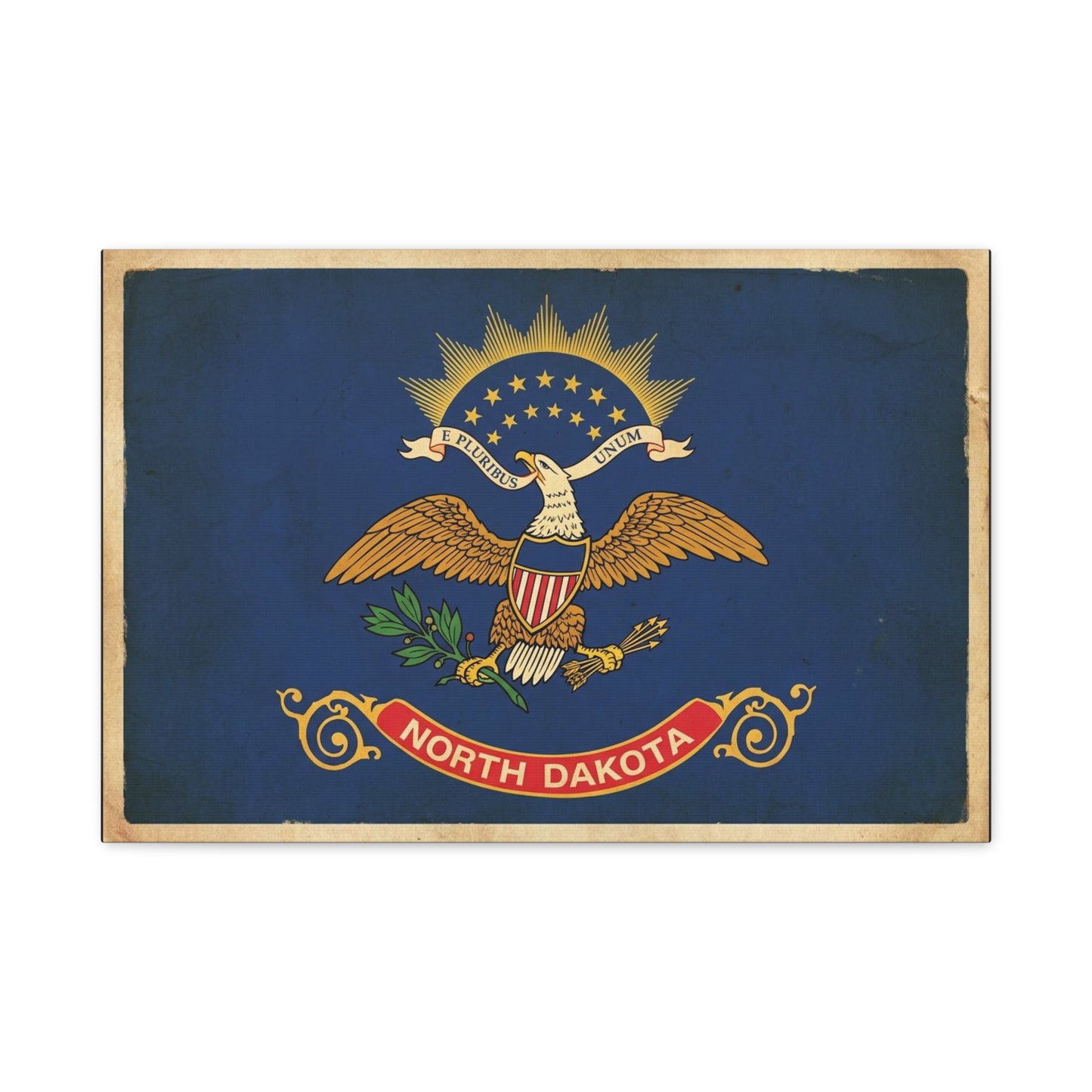 North Dakota Flag Canvas Wall Art - E Pluribus Unum Vintage State Banner Print - Patriotic Blue Eagle Emblem Decor - Rustic Americana Style - Ready to Hang - Living Room Wall Decor - Ready to Hang