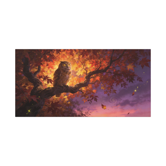 Owl Canvas Wall Art - Autumn Tree Branch Wildlife Illustration, Glowing Twilight Sky - Matte Canvas Print, Rustic Nature Style - Living Room Wall Decor, Bedroom Home Decoration - Cozy Reading Nook Art