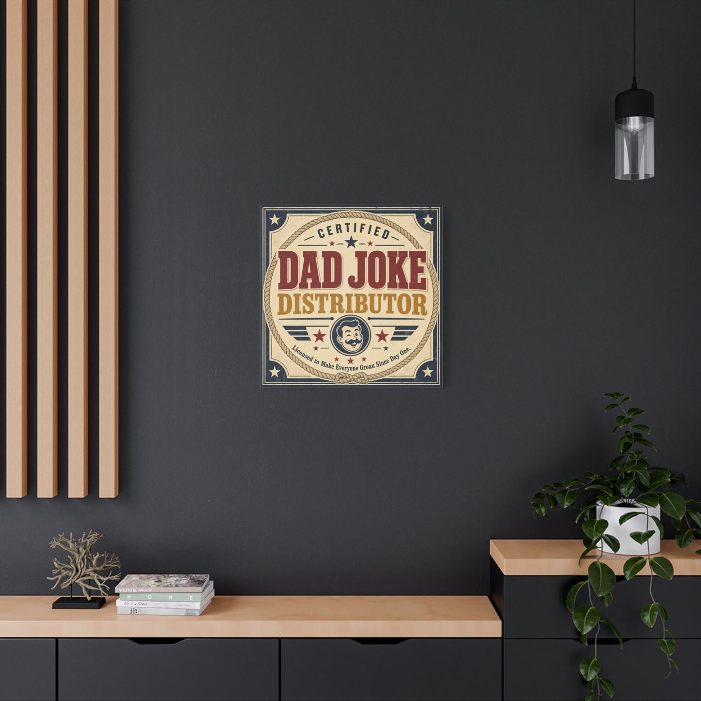 "Dad Joke Distributor" Funny Canvas Wall Art - Vintage Typography Humor Print, Retro Patriotic Stars And Mustache Illustration - Farmhouse Office Decor, Man Cave Wall Hanging - Bedroom Home Decoration