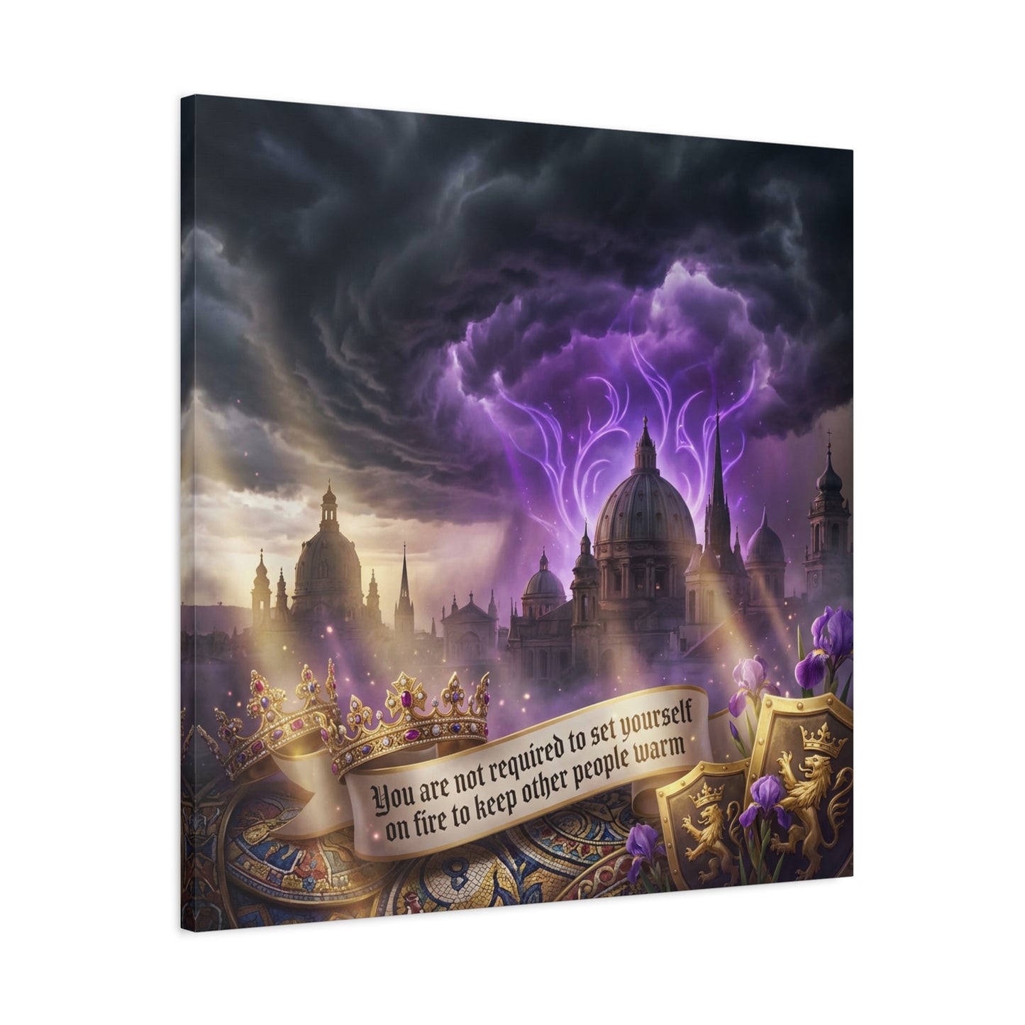 "You Are Not Required To Set Yourself On Fire" Canvas Wall Art - Gothic Castle Quote Decor, Purple Storm Sky, Crown And Iris Fantasy Print - Bedroom Home Decoration, Living Room Accent - Ready to Hang