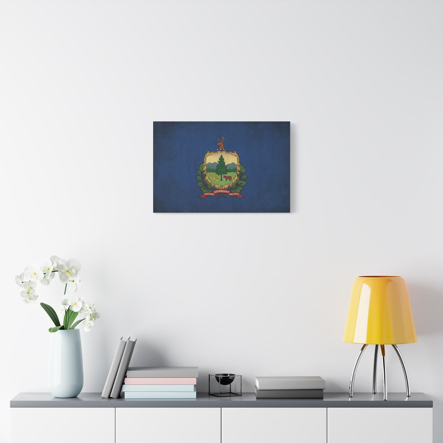 "VERMONT" State Flag Canvas Wall Art - Freedom And Unity Deer Crest Print - Vintage Blue Banner, Rustic Americana Style - Living Room Wall Decor, Office Decoration - Ready to Hang - Ready to Hang