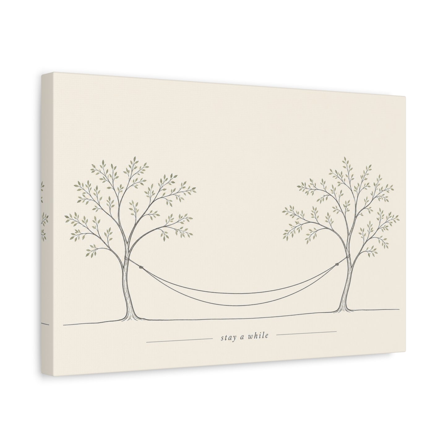 "Stay A While" Hammock Between Trees Canvas Wall Art - Minimalist Botanical Line Drawing, Neutral Beige Cotton Canvas Print - Bedroom Wall Decor, Living Room Home Decoration - Bedroom Home Decoration