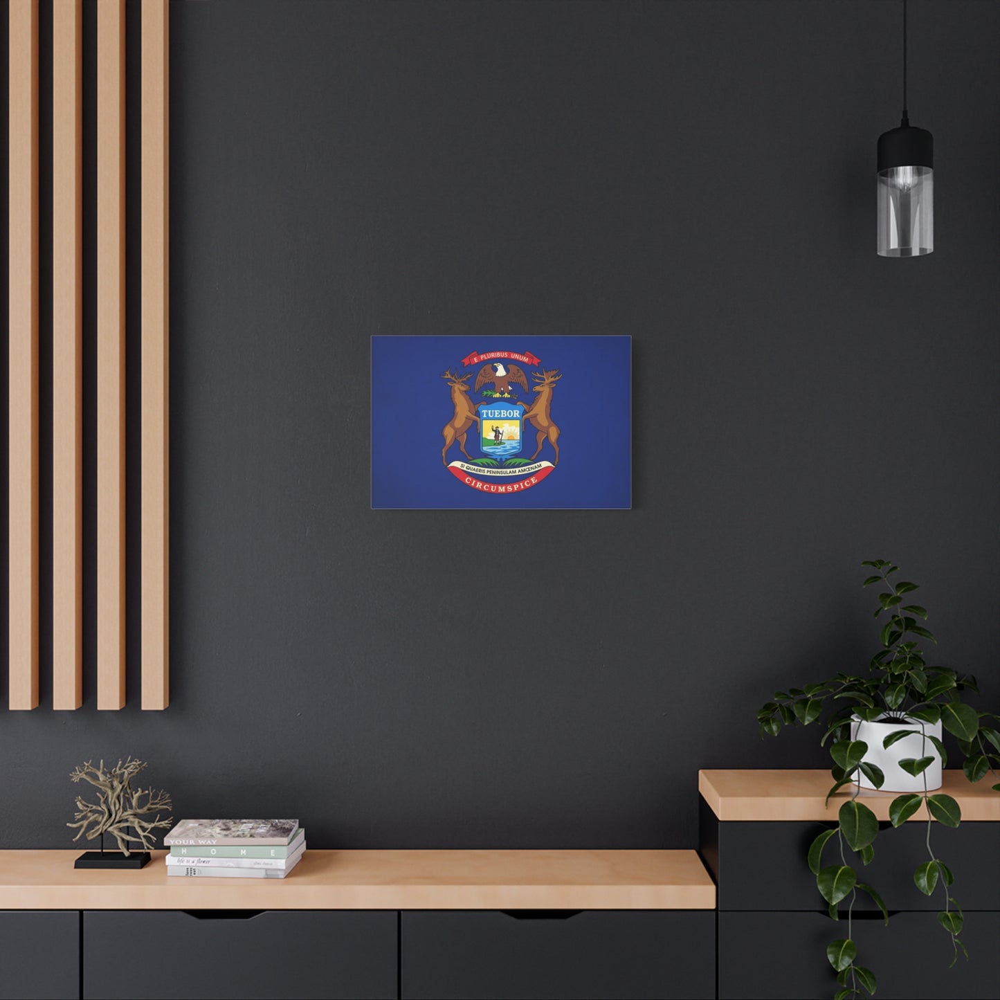 "E Pluribus Unum" Michigan State Flag Canvas Wall Art - Blue Crest With Elk Eagle And "Tuebor" - Vintage Heraldic Decor, Living Room Wall Decor, Office Art - Bedroom Home Decoration - Ready to Hang