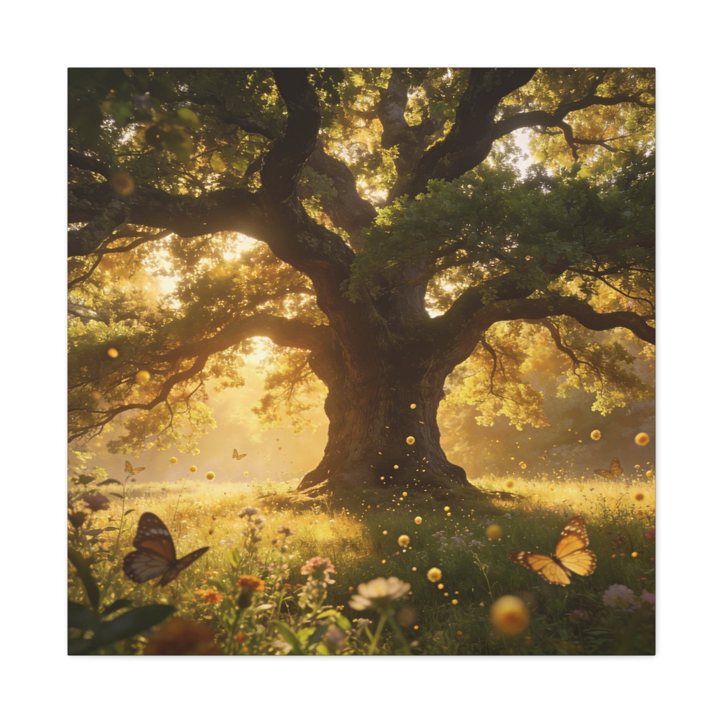 Sunlit Oak Tree Canvas Wall Art - Golden Meadow Butterflies, Nature Landscape Print - Matte Cotton Art Print, Traditional Style - Living Room Wall Decor, Bedroom Home Decoration - Ready to Hang