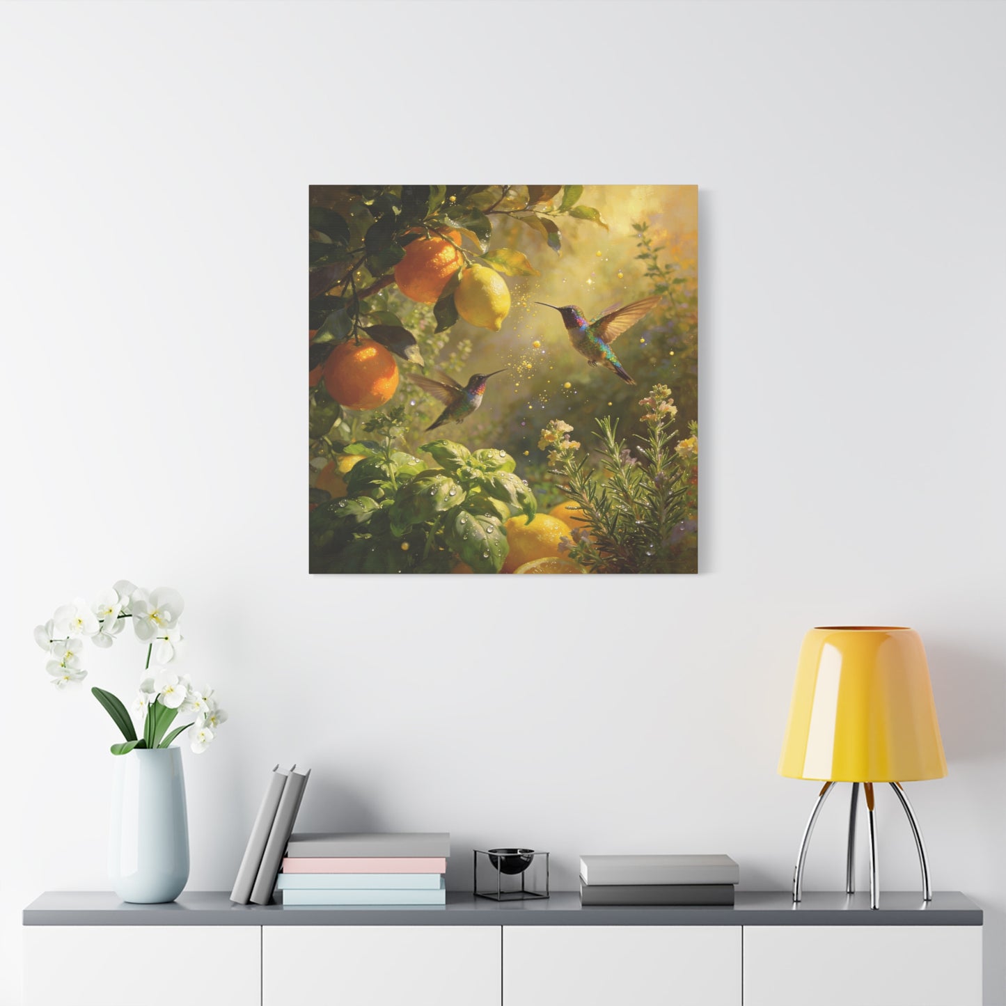 Hummingbird Citrus Canvas Wall Art - Lemon Orange Botanical Garden Print - Golden Light, Nature Home Decor, Living Room Wall Decor, Bedroom Home Decoration, Matte Finish Canvas - Cozy Reading Nook Art