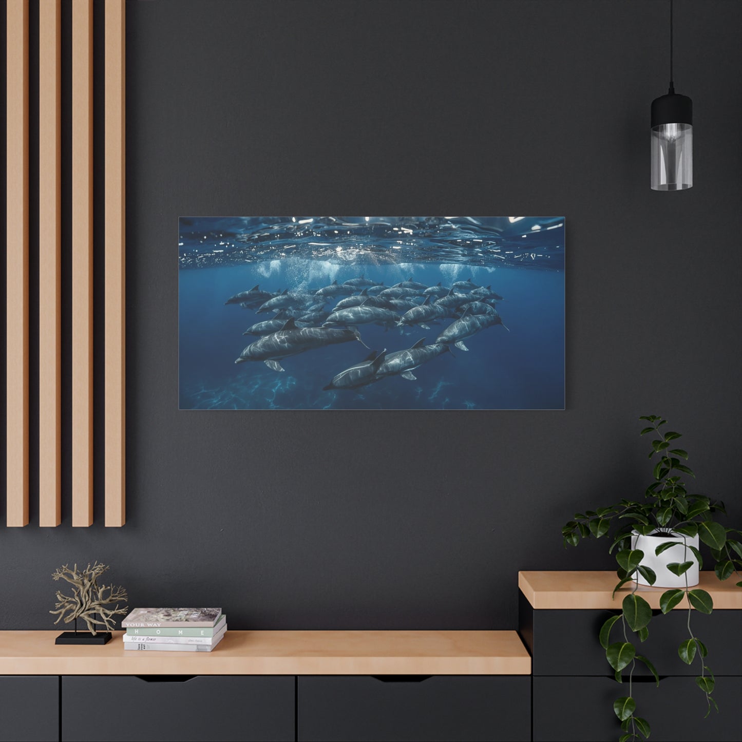Dolphin Pod Canvas Wall Art - Underwater Ocean Art Print, Blue Marine Wildlife Decor - Matte Coastal Style - Living Room Wall Decor, Bedroom Home Decoration - Bedroom Home Decoration