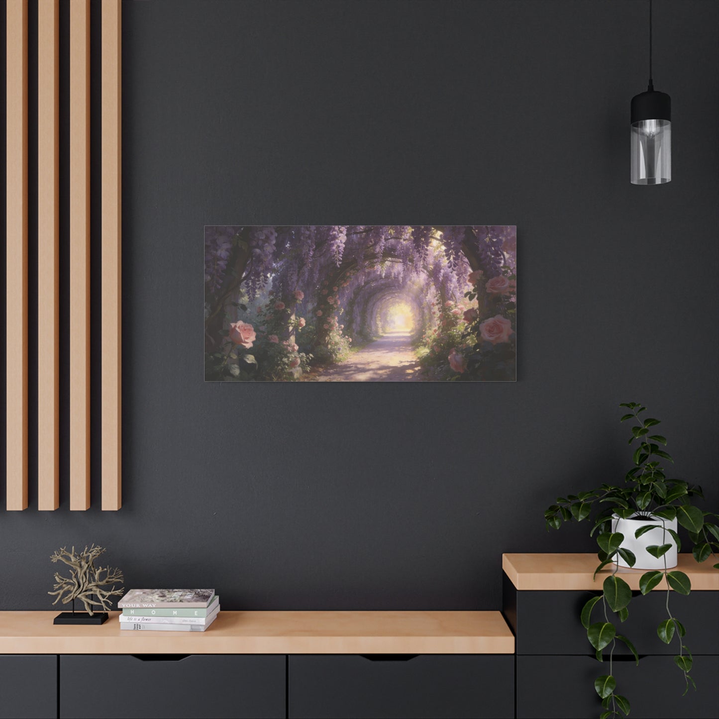 Wisteria Rose Garden Path Canvas Wall Art - Dreamy Floral Tunnel, Luminous Painterly Scene - Gallery Wrapped Cotton Print - Bedroom Wall Decor, Bohemian Home Accent - Bedroom Home Decoration