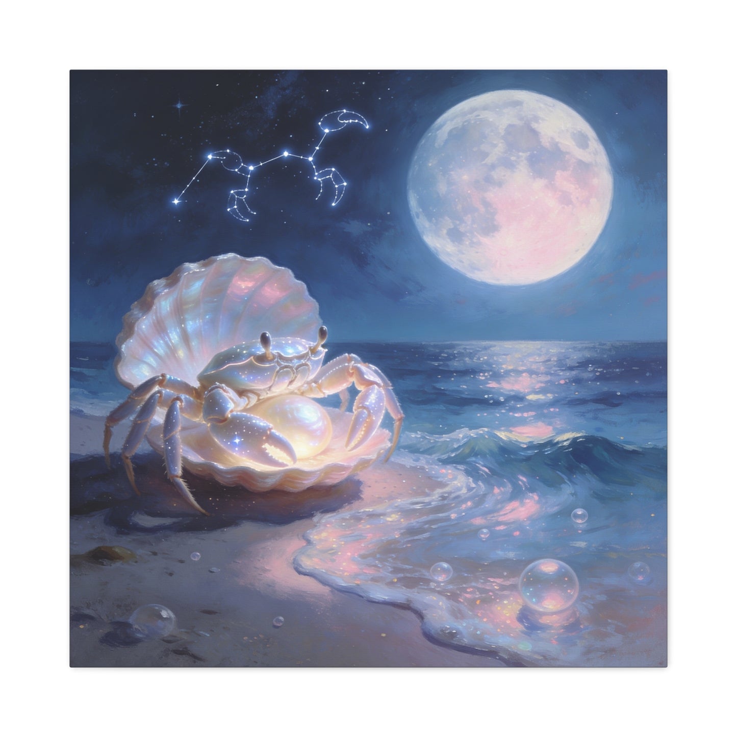 Moonlit Crab Canvas Wall Art - Zodiac Cancer Seascape, Pearl Shell Ocean Night Decor - Dreamy Coastal Illustration, capiz shells wall decor, Bedroom Home Decoration - Bedroom Home Decoration