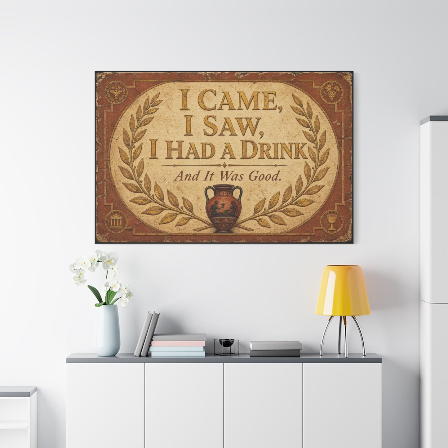 "I Came, I Saw, I Had A Drink And It Was Good." Canvas Wall Art - Vintage Roman Humor Quote Decor, Classical Laurel Amphora Design - Rustic Typography Style For Bar - Ready to Hang - Pub Wall Art