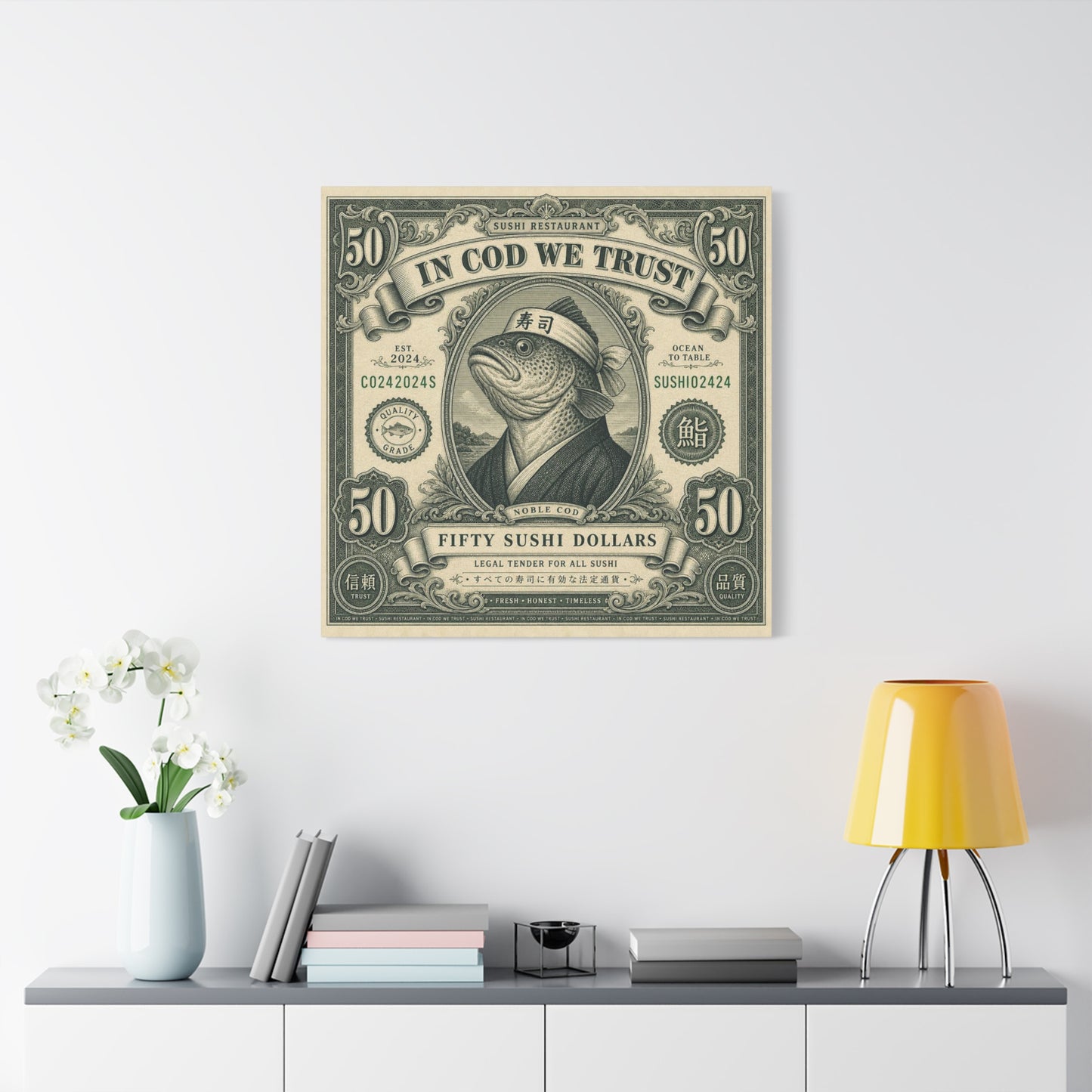 "In Cod We Trust" Sushi Restaurant Canvas Wall Art - Vintage Money Bill Fish Illustration, Typography Poster Style, Cotton Canvas Print, Cafe Decor, Dining Room Accent, Office Art - Ready to Hang