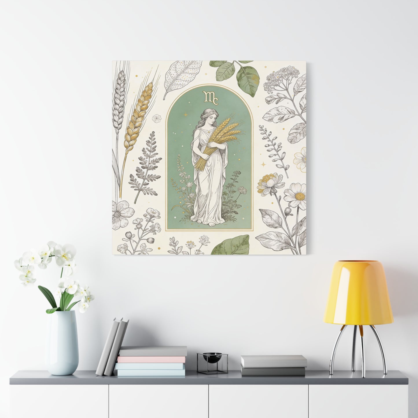 Virgo Zodiac Canvas Wall Art - Botanical Maiden Holding Wheat, Celestial Illustration - Sage Green Gold Cotton Print - Vintage Astrology Decor, Bedroom Wall Hanging Accent - Bedroom Home Decoration