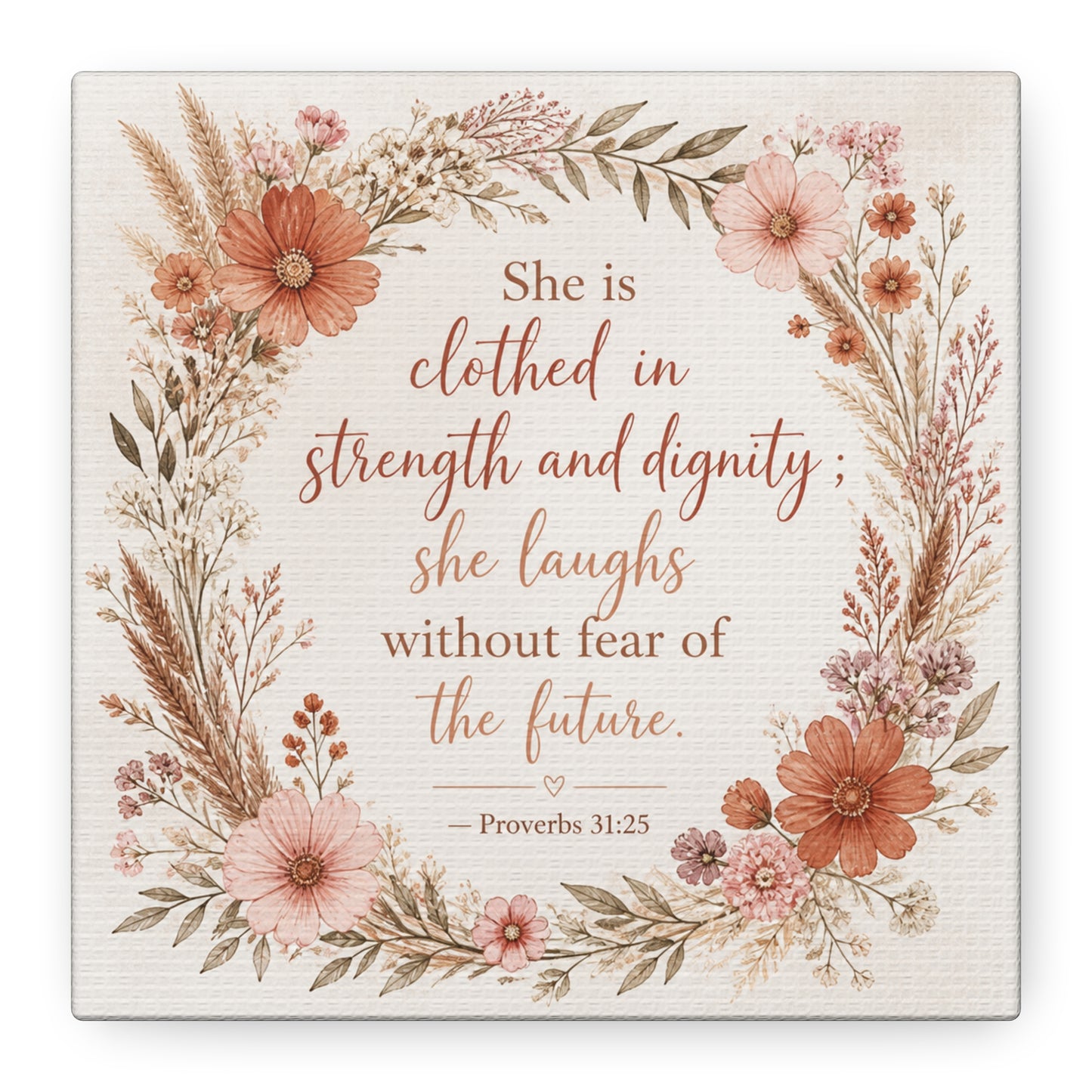 "She Is Clothed In Strength And Dignity" Floral Canvas Wall Art - Proverbs 31:25 Scripture Quote, Blush Wildflower Wreath, Farmhouse Style, Bedroom Wall Decor - Bedroom Home Decoration - Ready to Hang